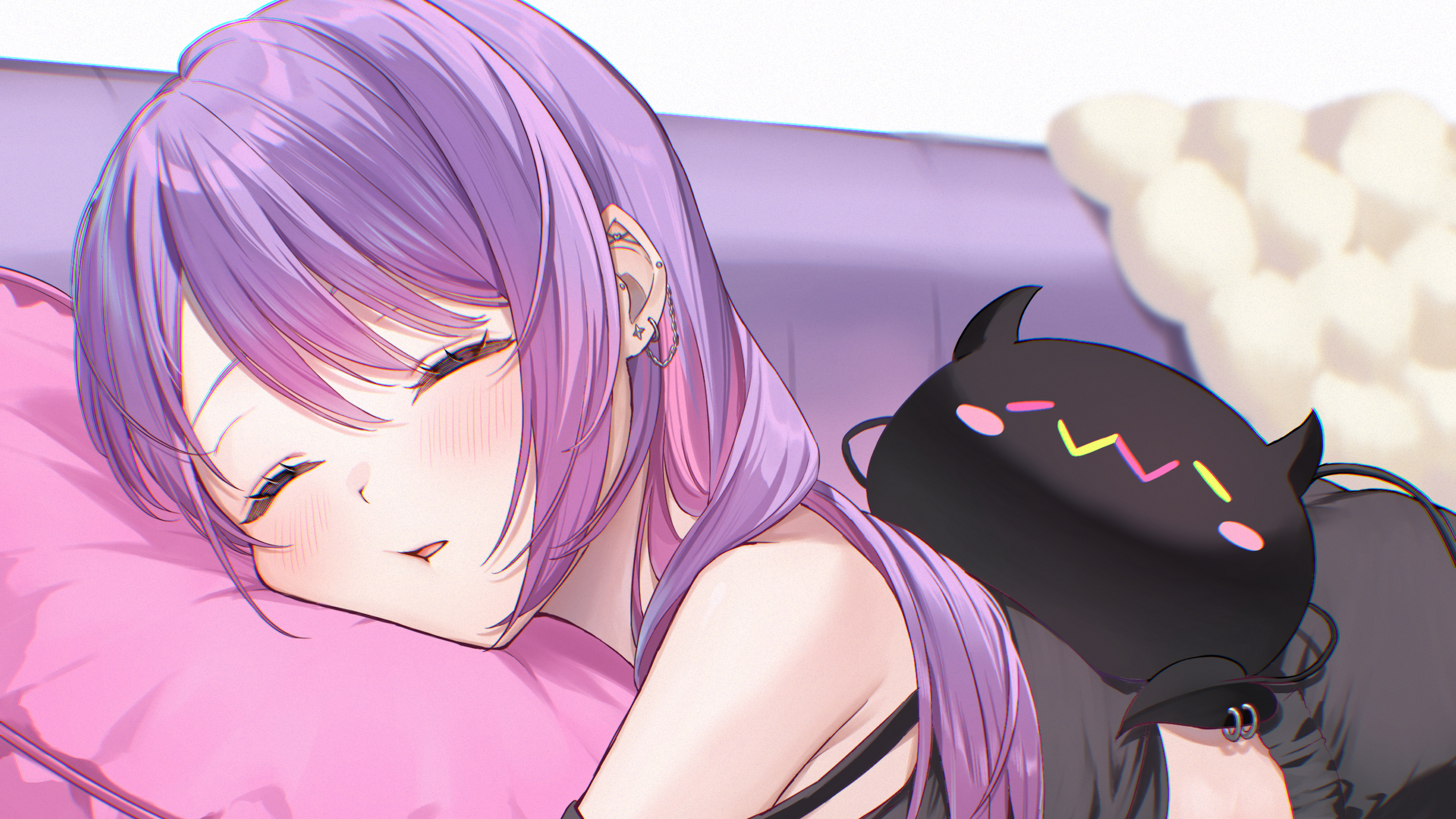 Anime Anime Girls Sleeping Purple Hair Open Mouth On Sofa Toys Pillow 2560x1440