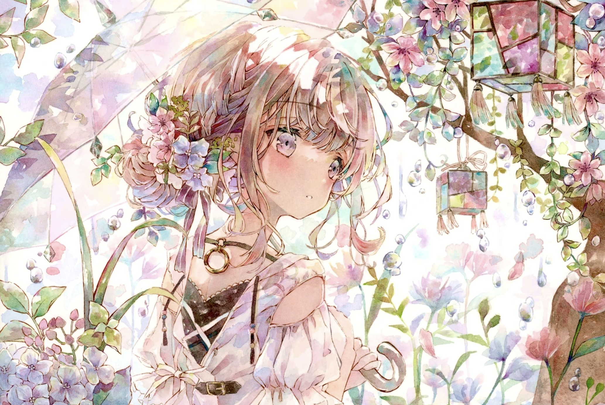 Yukoring Anime Watercolor Fantasy Art Hair Ornament Necklace Flowers Umbrella 2066x1382