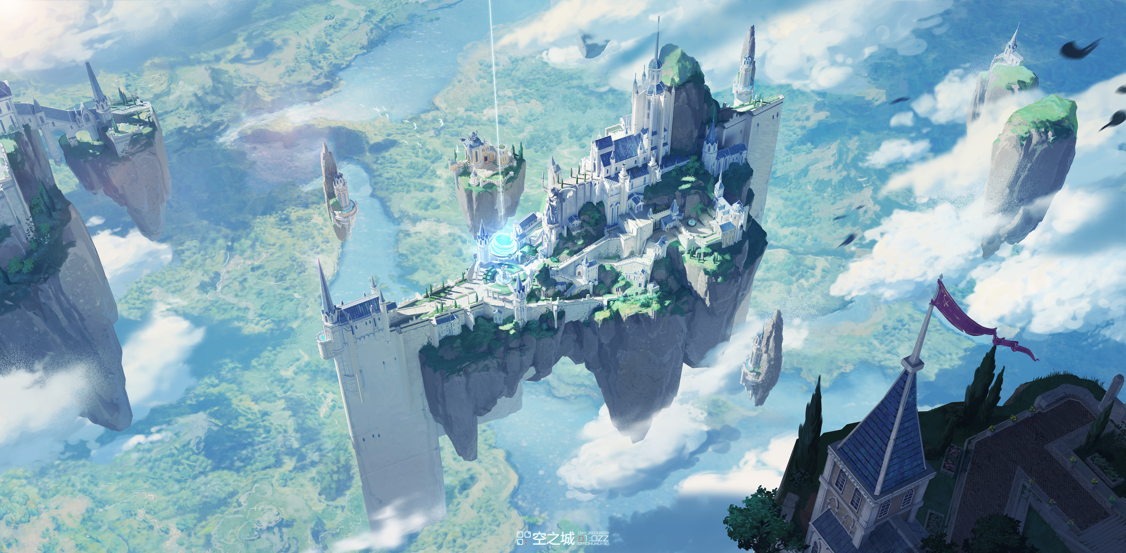 Digital Art Artwork Illustration Landscape Sky Castle Fantasy Art Clouds Watermarked Aerial View Arc 3840x1885