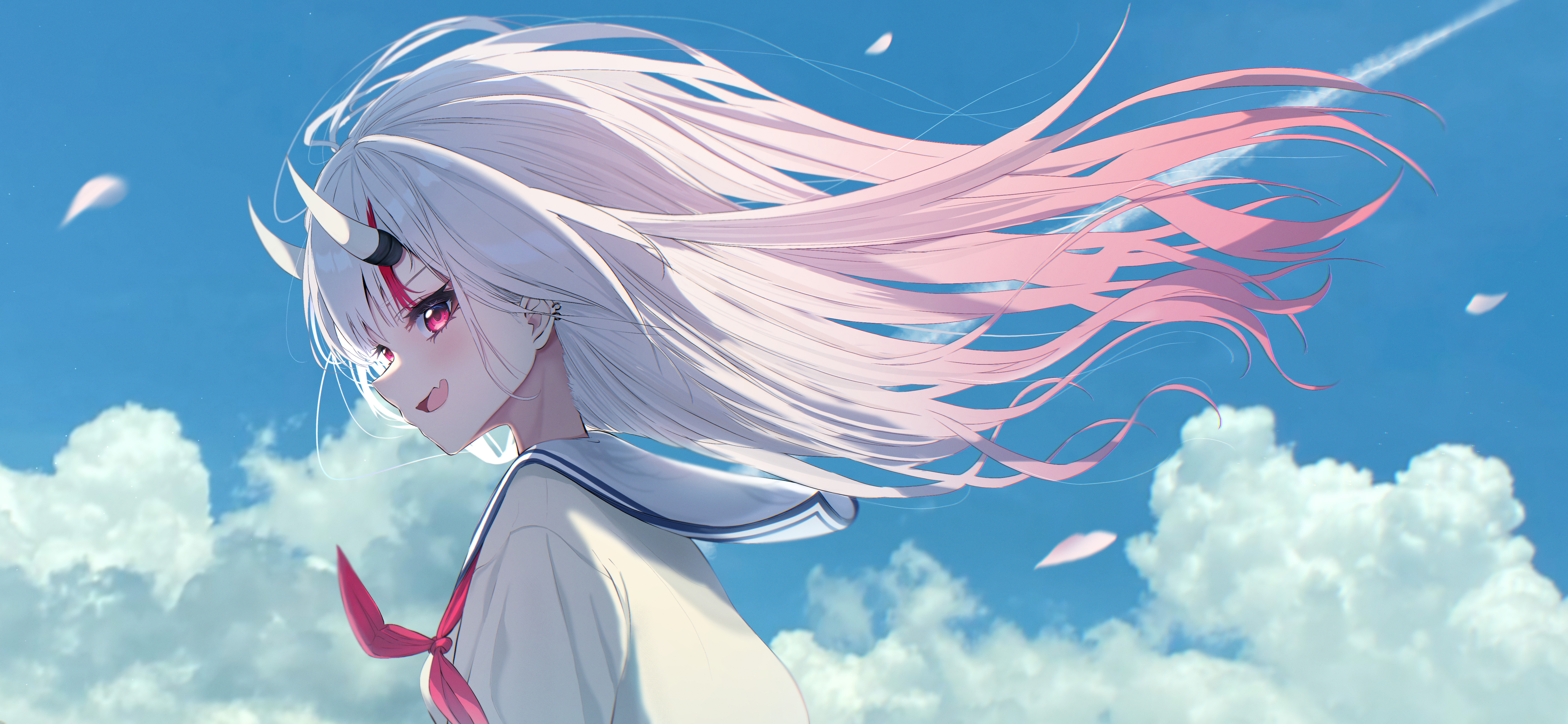 Anime Anime Girls Hololive Nakiri Ayame Demon Clouds Devil Girl Long Hair White Hair Sky 5376x2484