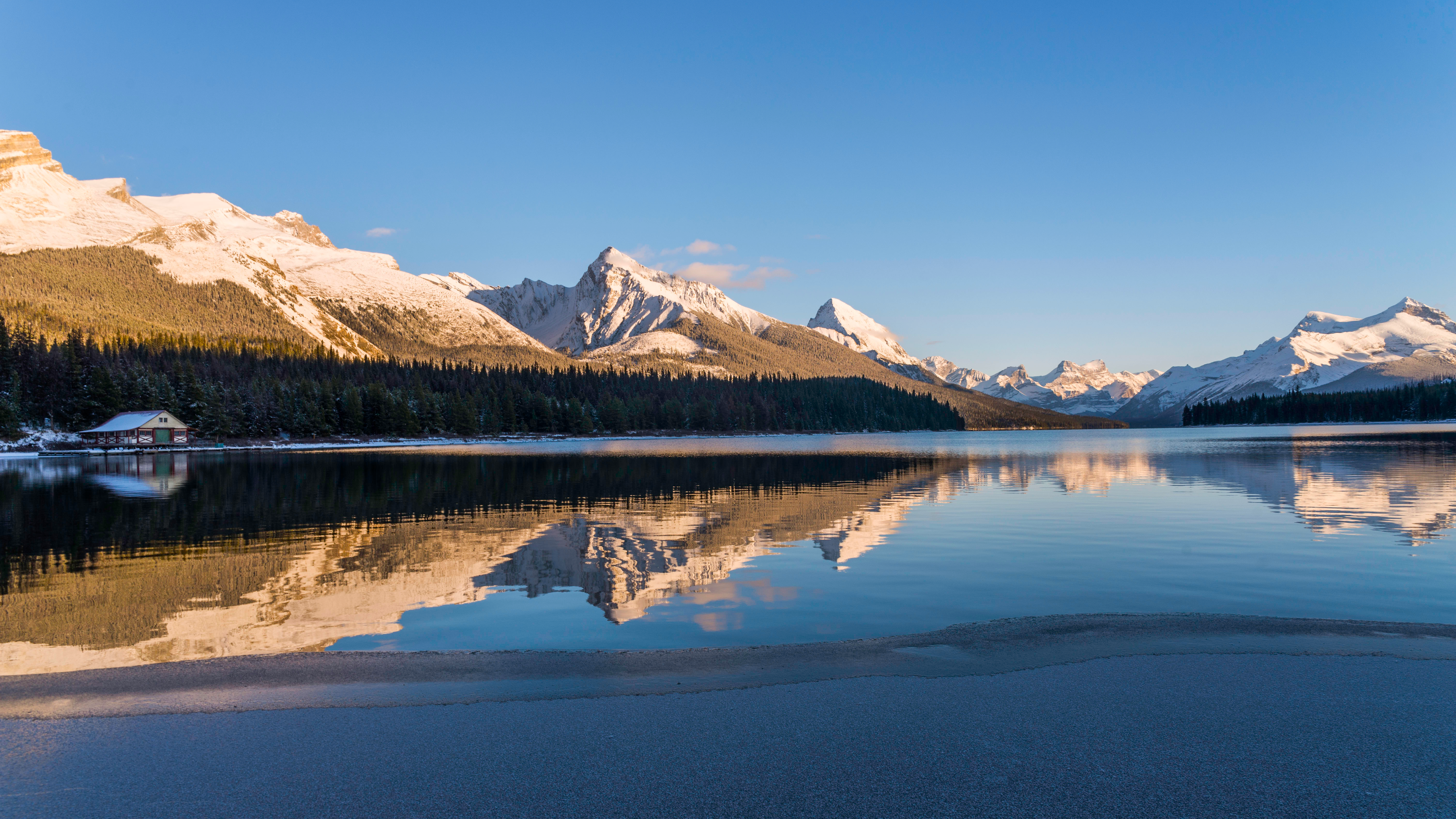 Nature Landscape Water Sand Reflection Mountains Snow Sky Trees Water Ripples Jasper National Park C 3840x2160