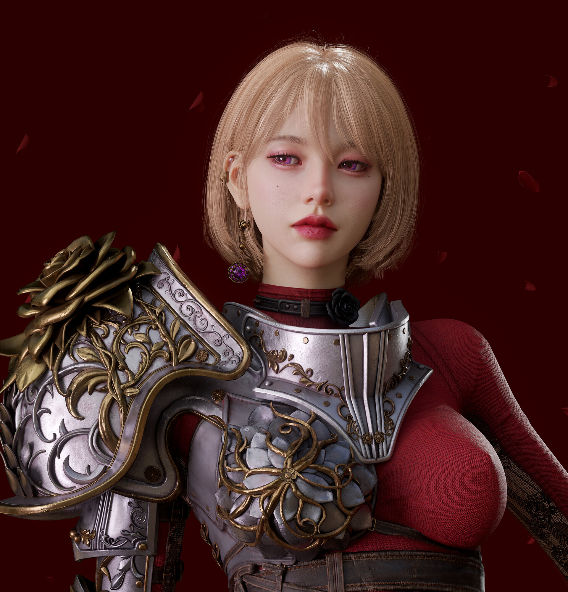 Shin Jungeun CGi Women Blonde Armor Purple Eyes Pale Looking Sideways Long Earrings 1920x2000