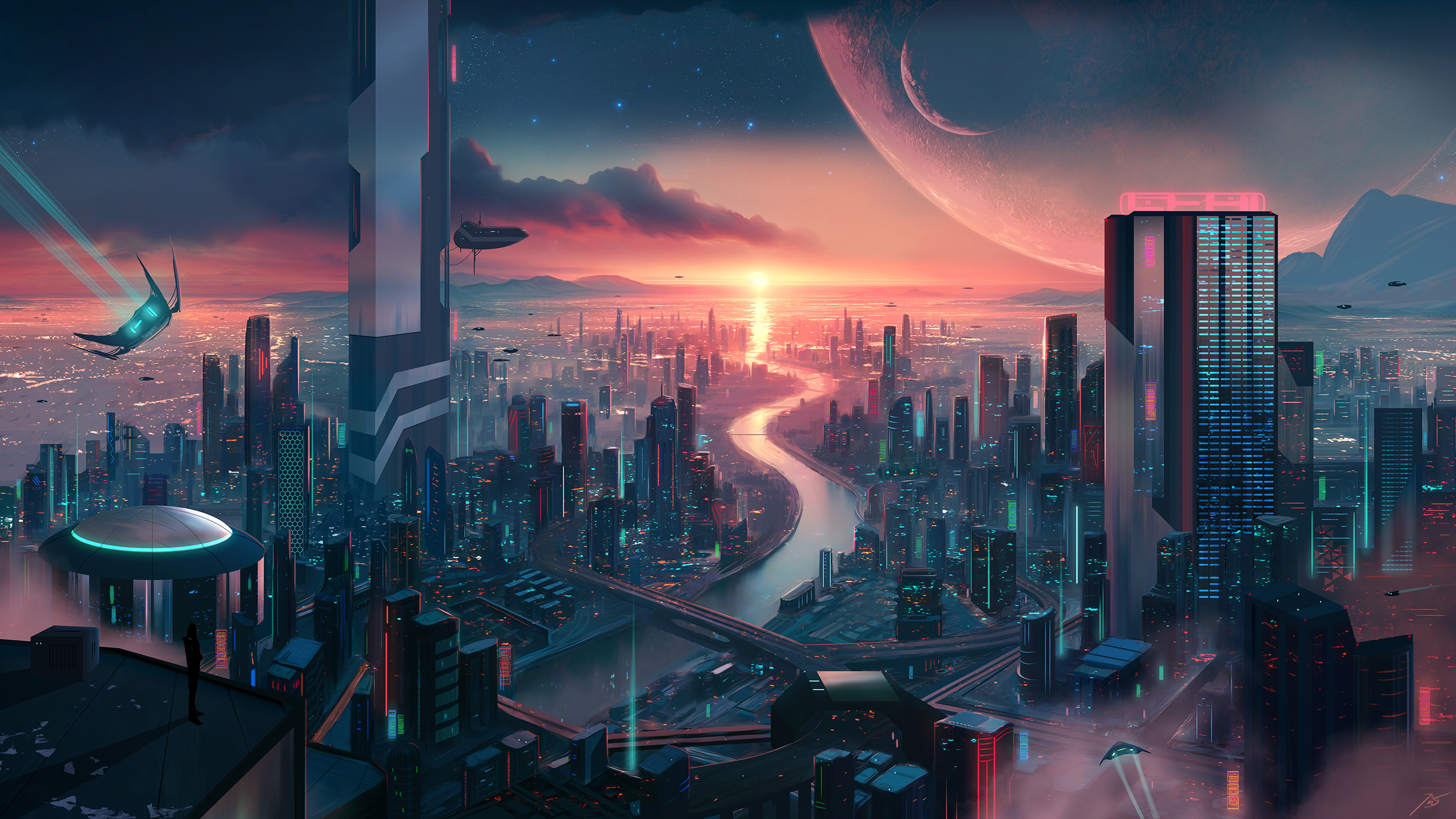 JoeyJazz Cityscape Futuristic Digital Art Cyberpunk Spaceship Skyscraper Planet River Stars Clouds R 2560x1440