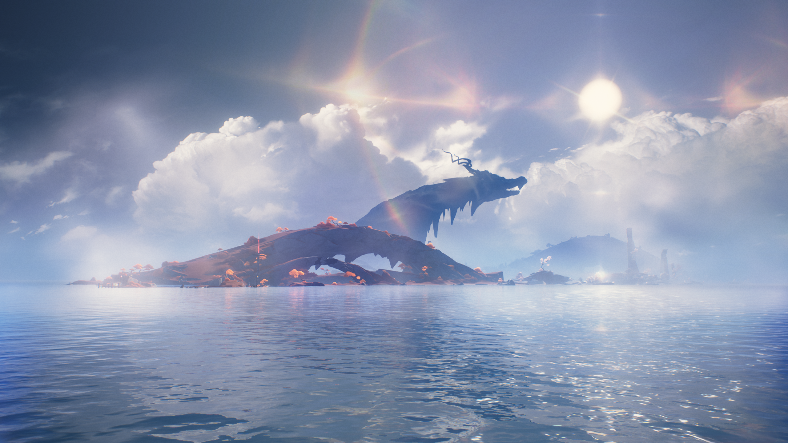 Wuthering Waves Screen Shot Anime Screenshot Dragon Mountain View Sea Sun Video Game Landscape 2560x1440