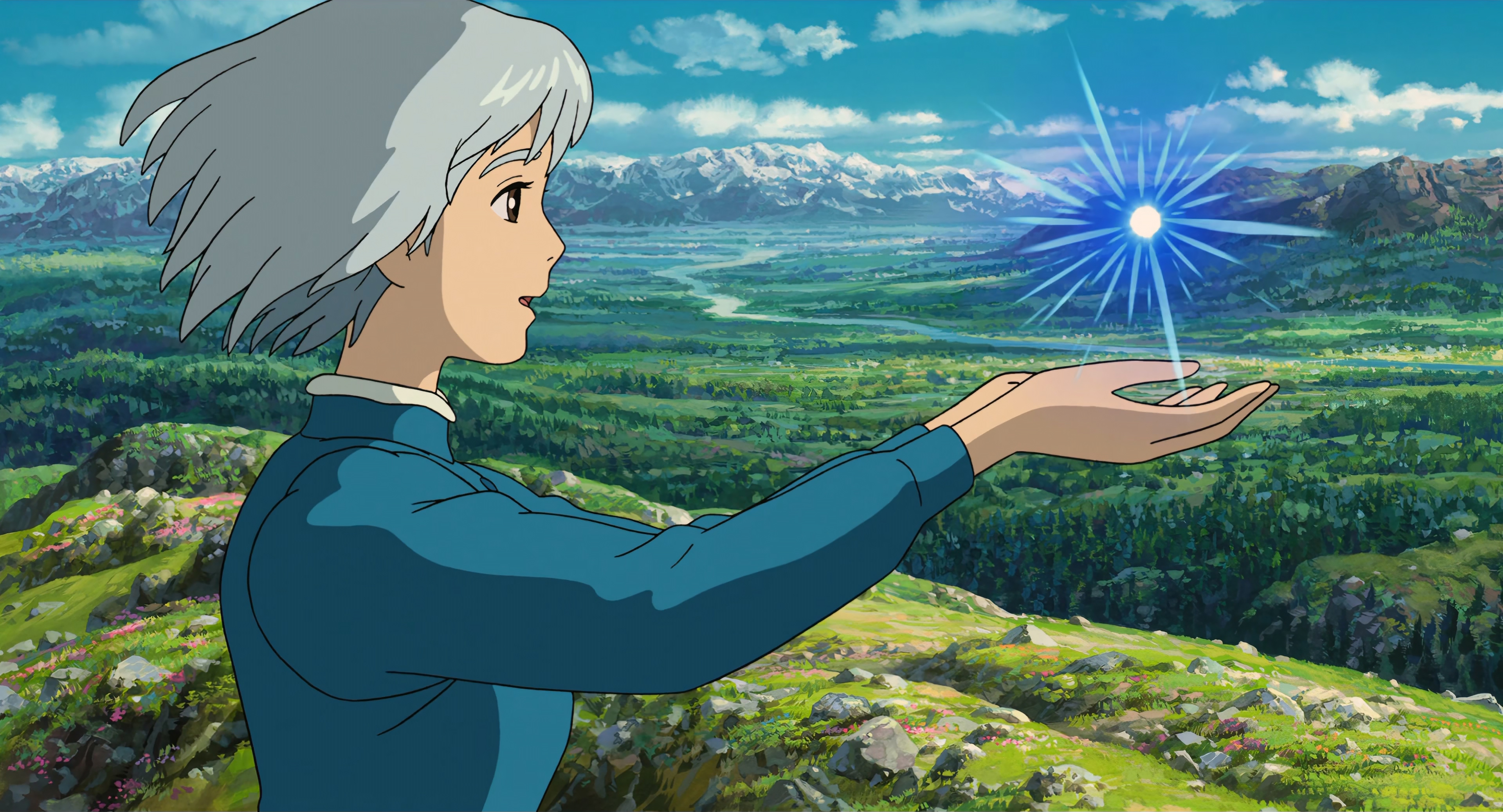 Howls Moving Castle Studio Ghibli Anime Women Long Hair Gray Hair Landscape Mountains Clouds Sophie  3840x2075