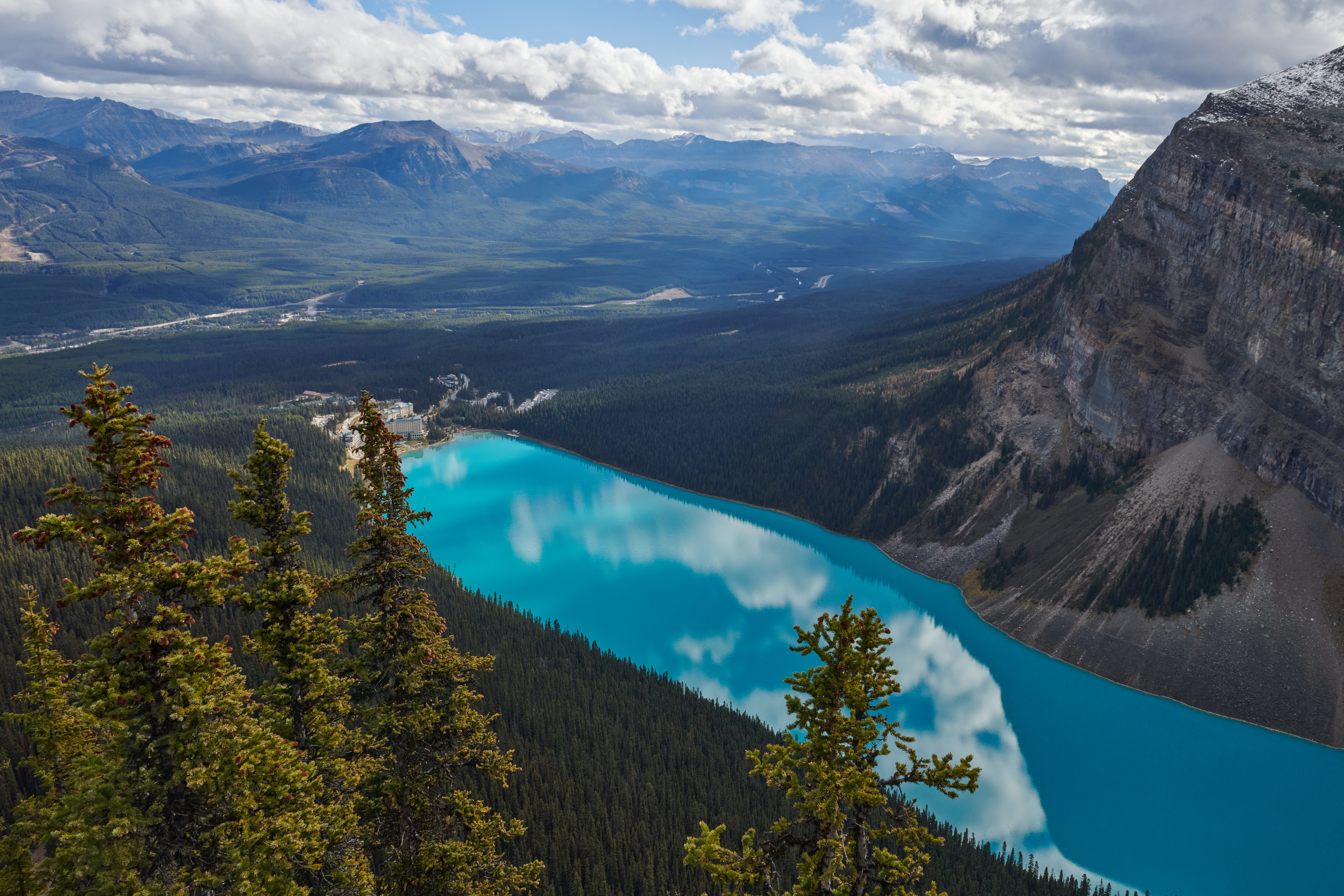 Nature Landscape Trees Mountains Clouds Sky Forest Lake Sun Rays Mountain View Water Banff National  6144x4096