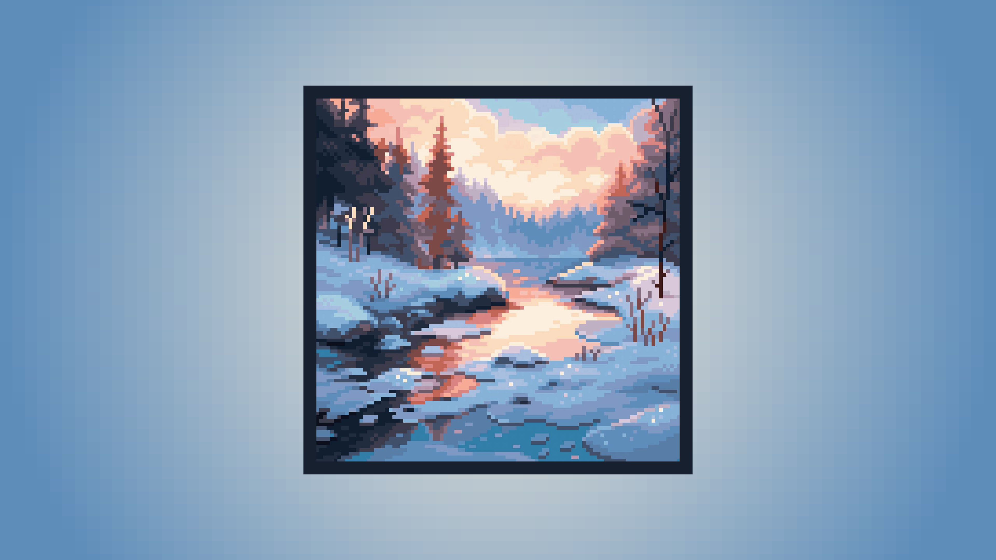 Simple Background Snow Pixelated Pixel Art Light Blue Cyan Background Trees Pine Trees Water River C 3840x2160