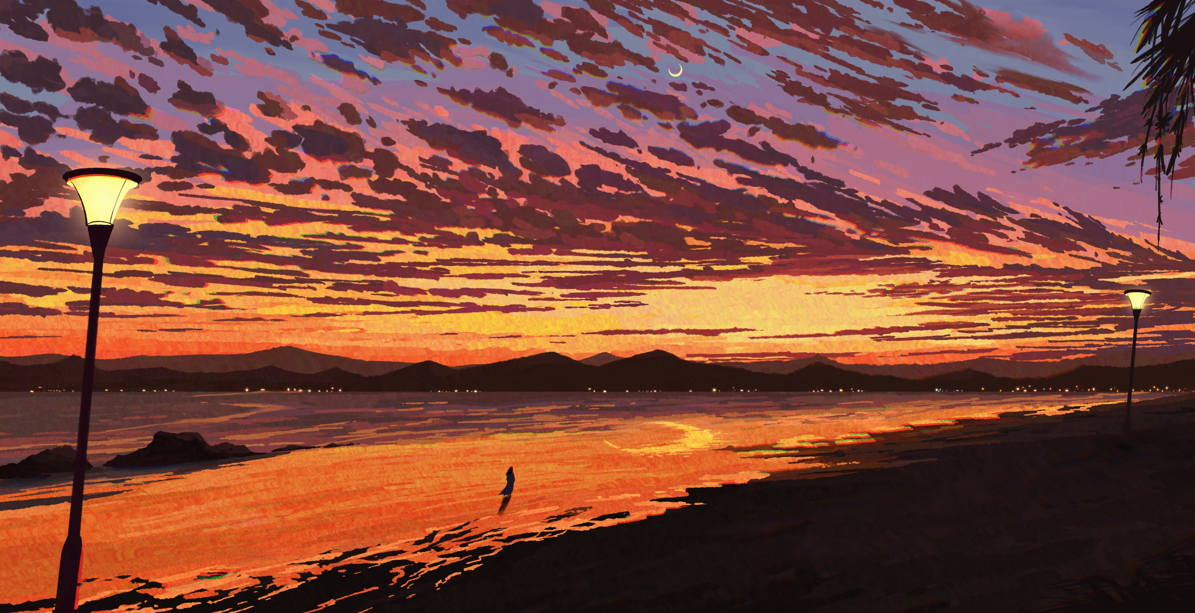 Fangpeii Digital Art Artwork Illustration Landscape Sunset Sea Beach Mountains Clouds Street Light E 3995x2048