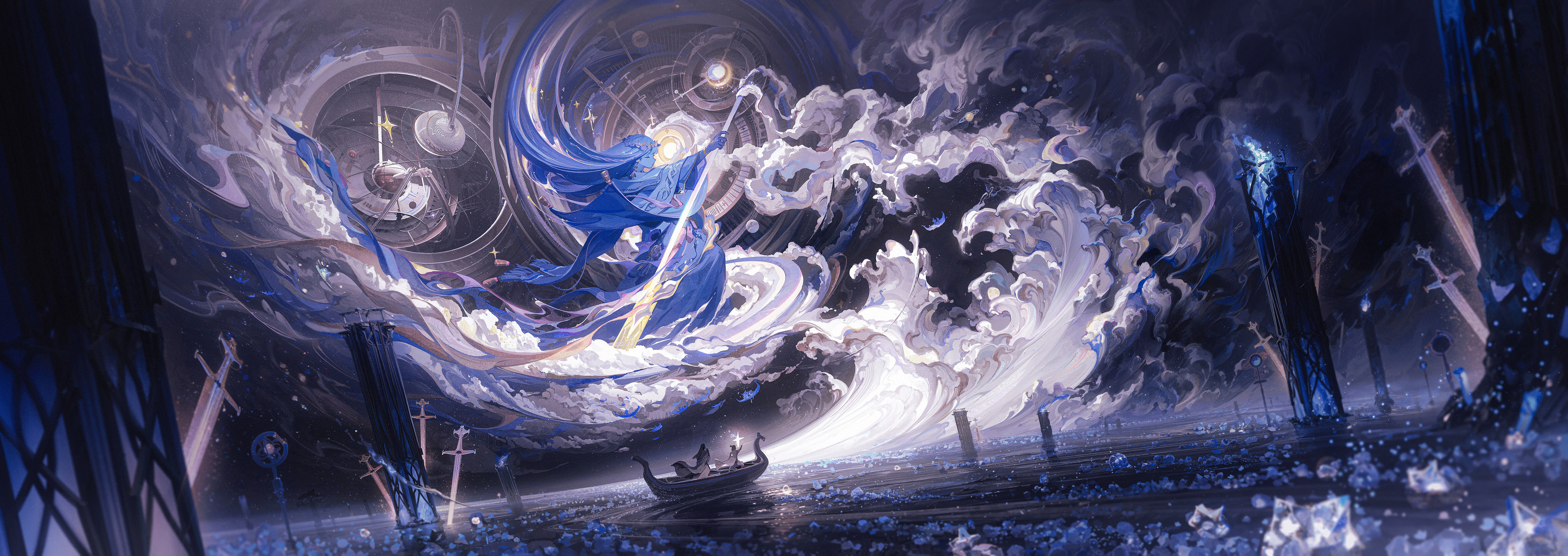 Ying Yi Sky Night Night Sky Oar Dress Chinese Clothing Boat Clouds Sea Stars Silhouette Gears Crysta 3840x1361