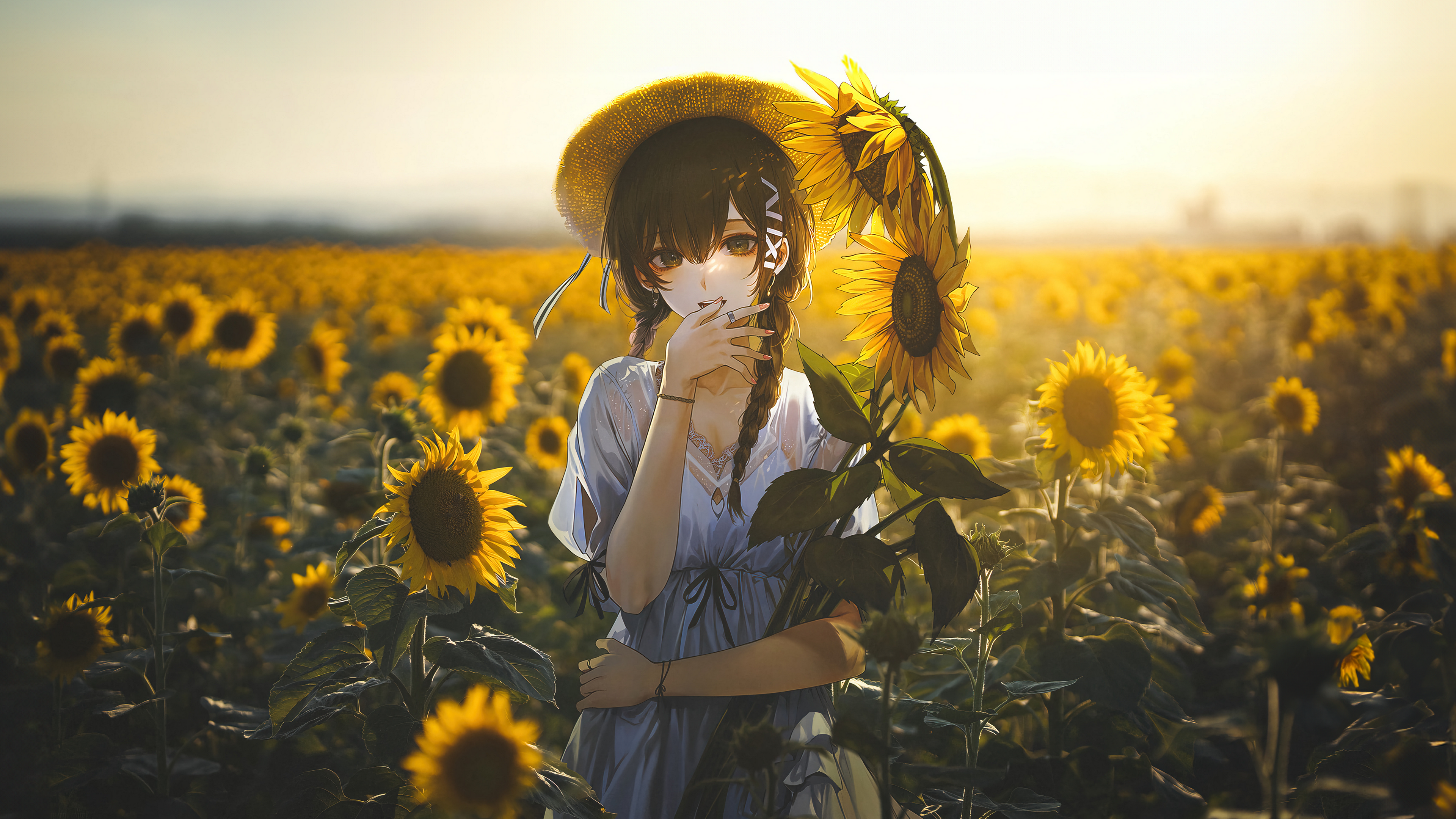 Anime Anime Girls Women Sunflowers Nature Hat Long Hair Brunette Twintails White Dress Looking At Vi 3840x2160