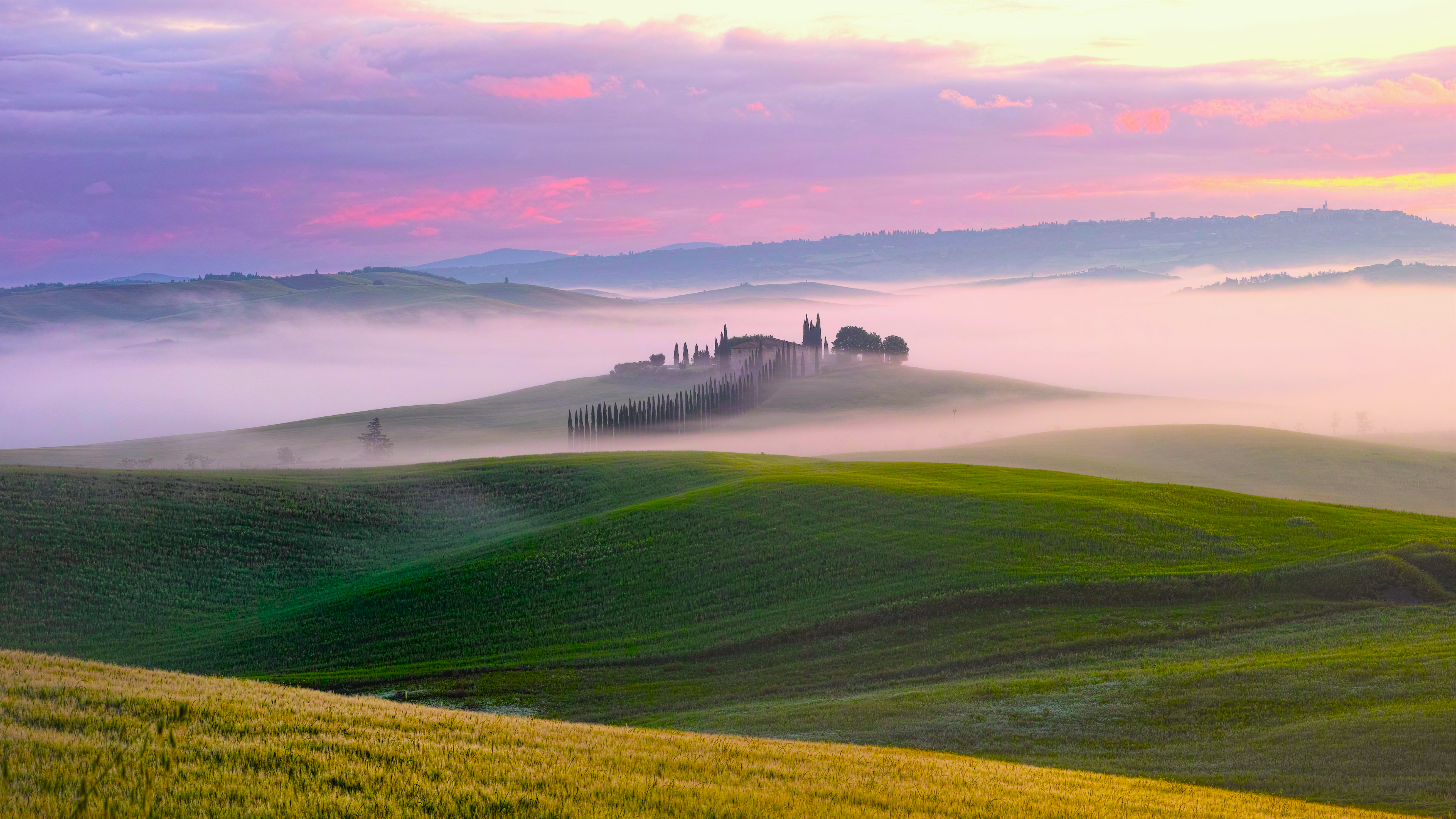 Nature Landscape Trees Grass Field Mountains Clouds Sky Mist Far View Sunrise Tuscany Italy Anton Ki 3840x2160