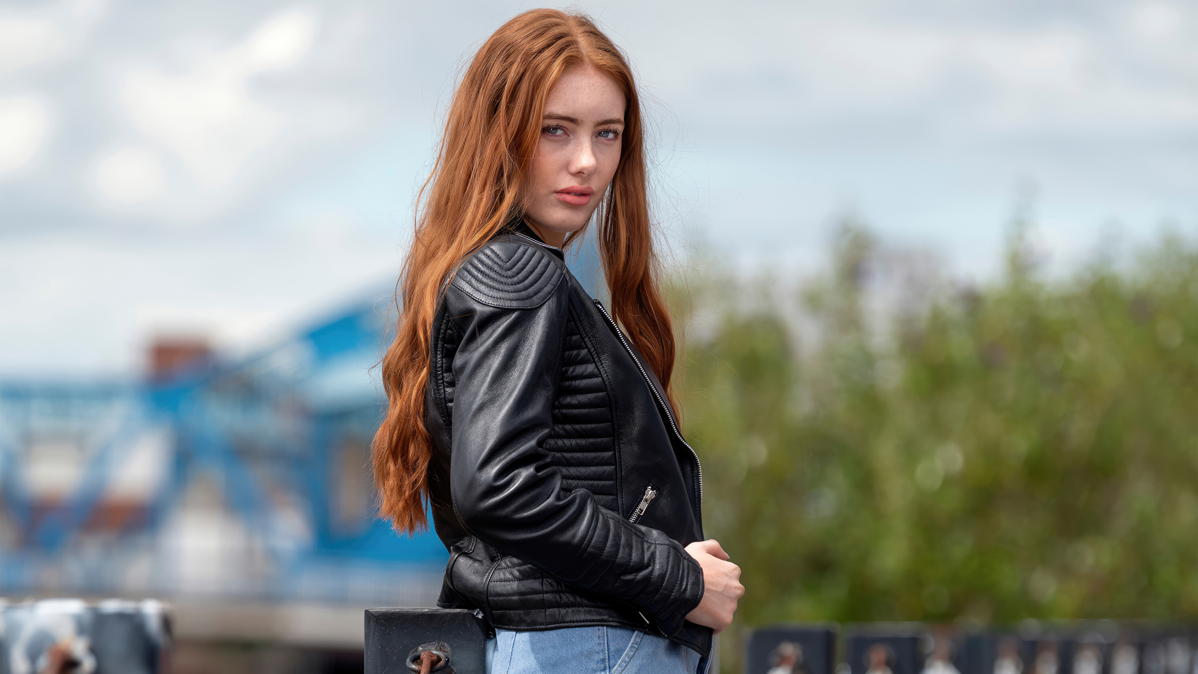 Blue Eyes Redhead Long Hair European Caucasian Wavy Hair Leather Jacket Jacket Jeans Women Depth Of  3840x2160