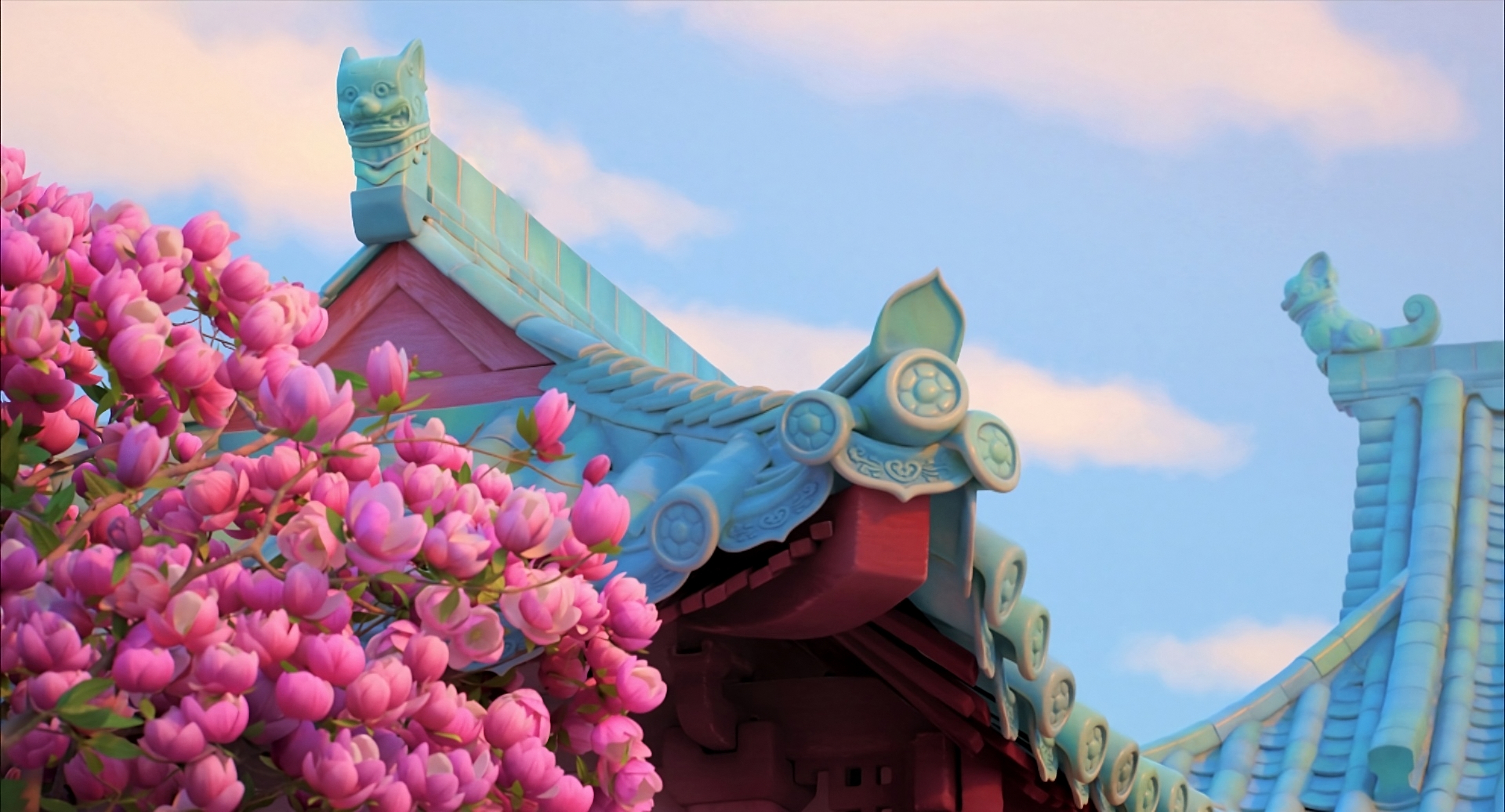 Turning Red Pixar Animation Studios Chinese Architecture Canada Toronto Animation Cherry Blossom Red 3840x2072