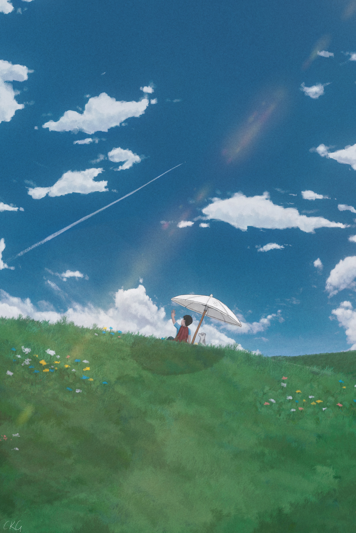 Digital Art Anime Anime Boys Dog Outdoors Nature Field Grass Clouds Sky Summer Sitting Portrait Disp 1238x1854
