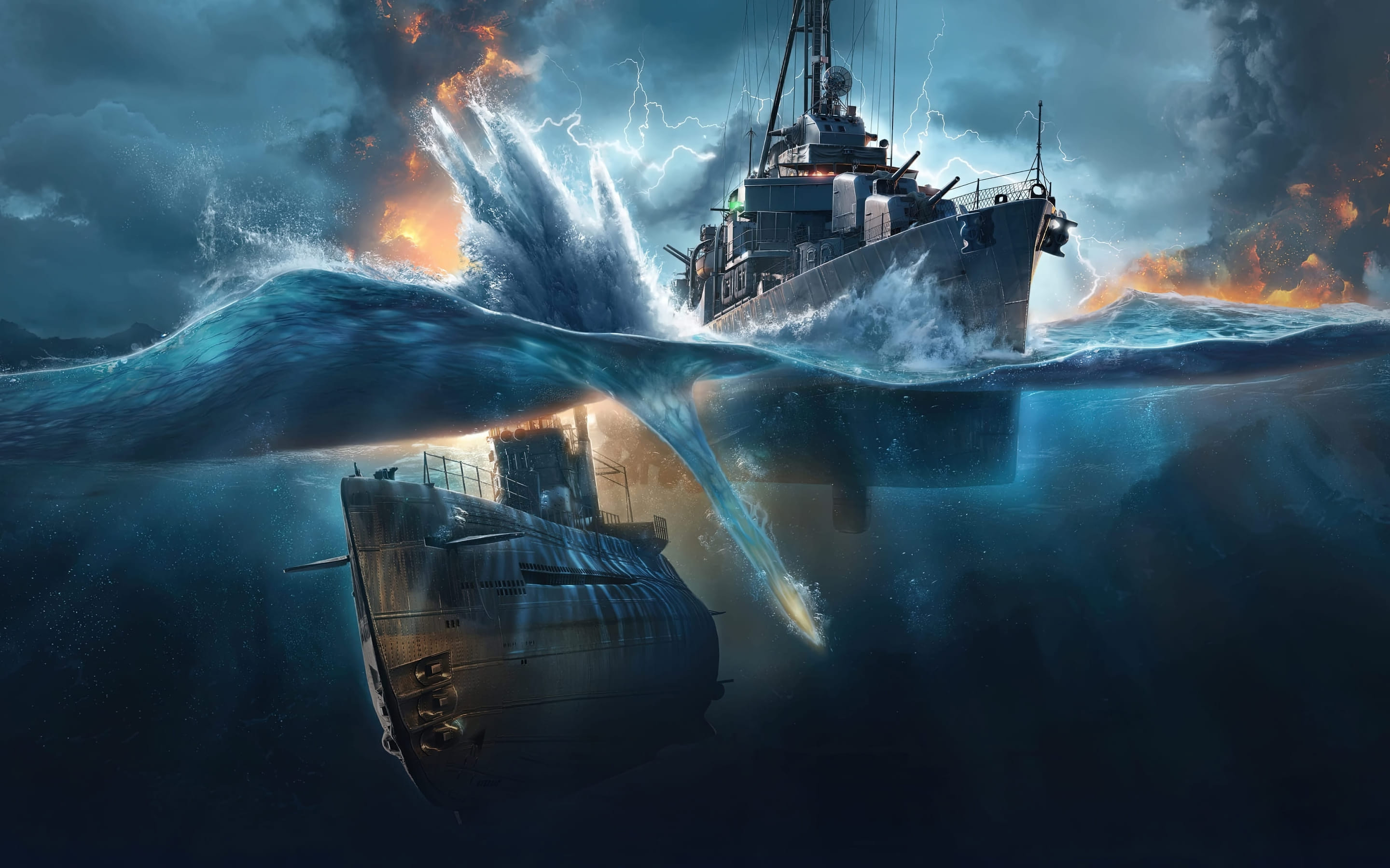 Digital Art Painting Drawing Submarine Warship 2880x1800