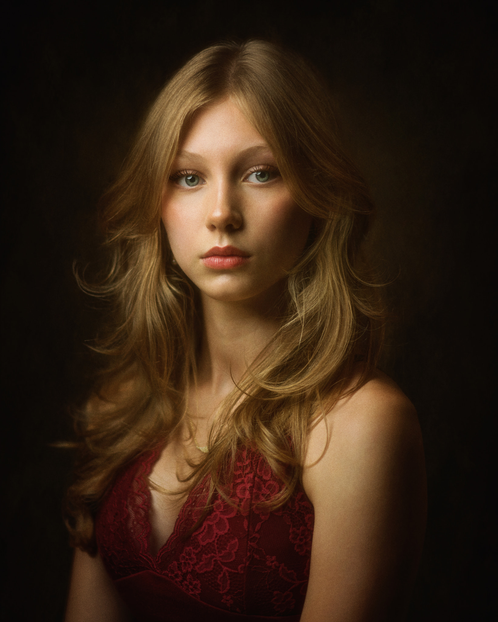 Zachar Rise Women Portrait Blonde Wavy Hair Red Clothing 1641x2048