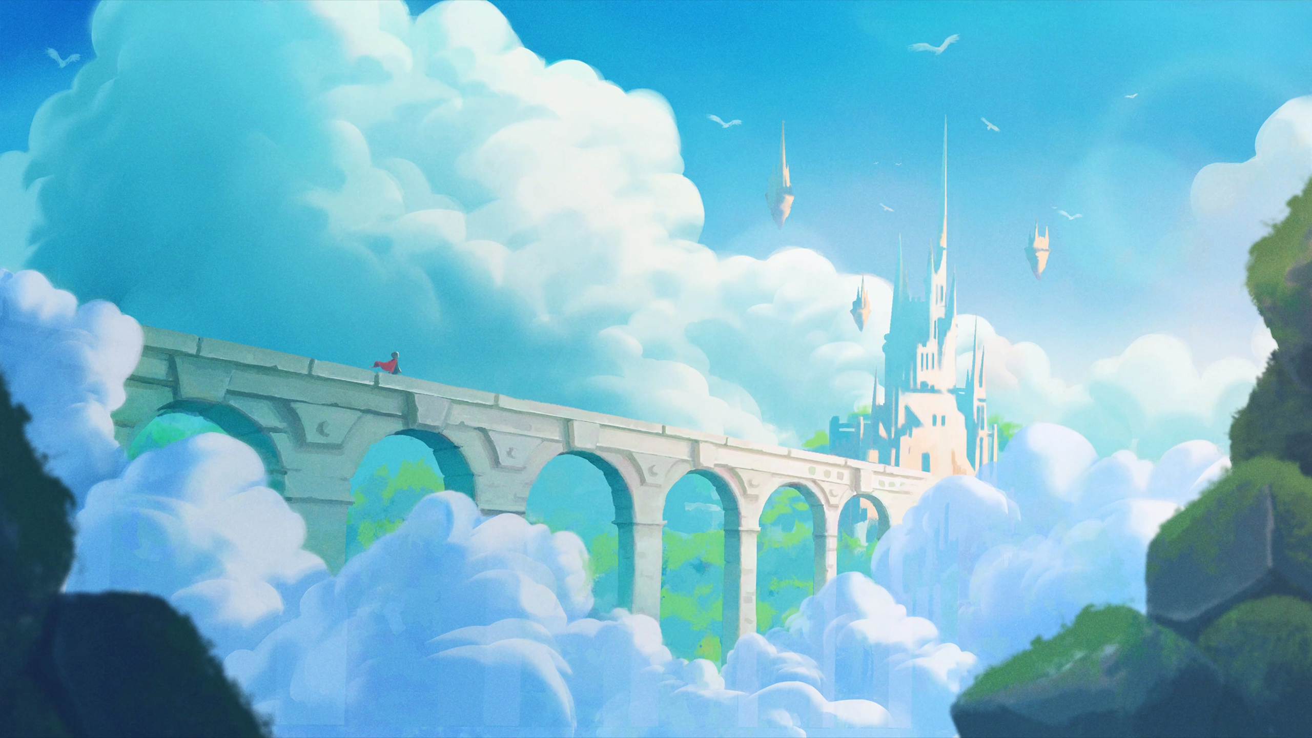 Digital Art Artwork Illustration Digital Painting Bridge Clouds Fantasy Art Sky Castle Landscape Bir 2560x1440