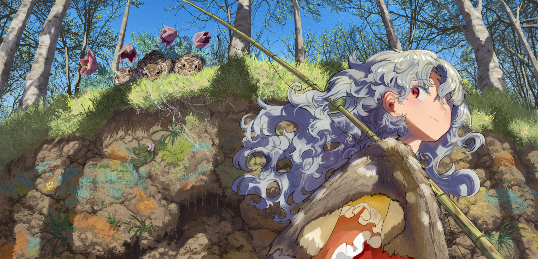 Touhou Sakata Nemuno Fishing Rod Flowers Birds Trees 2060x994