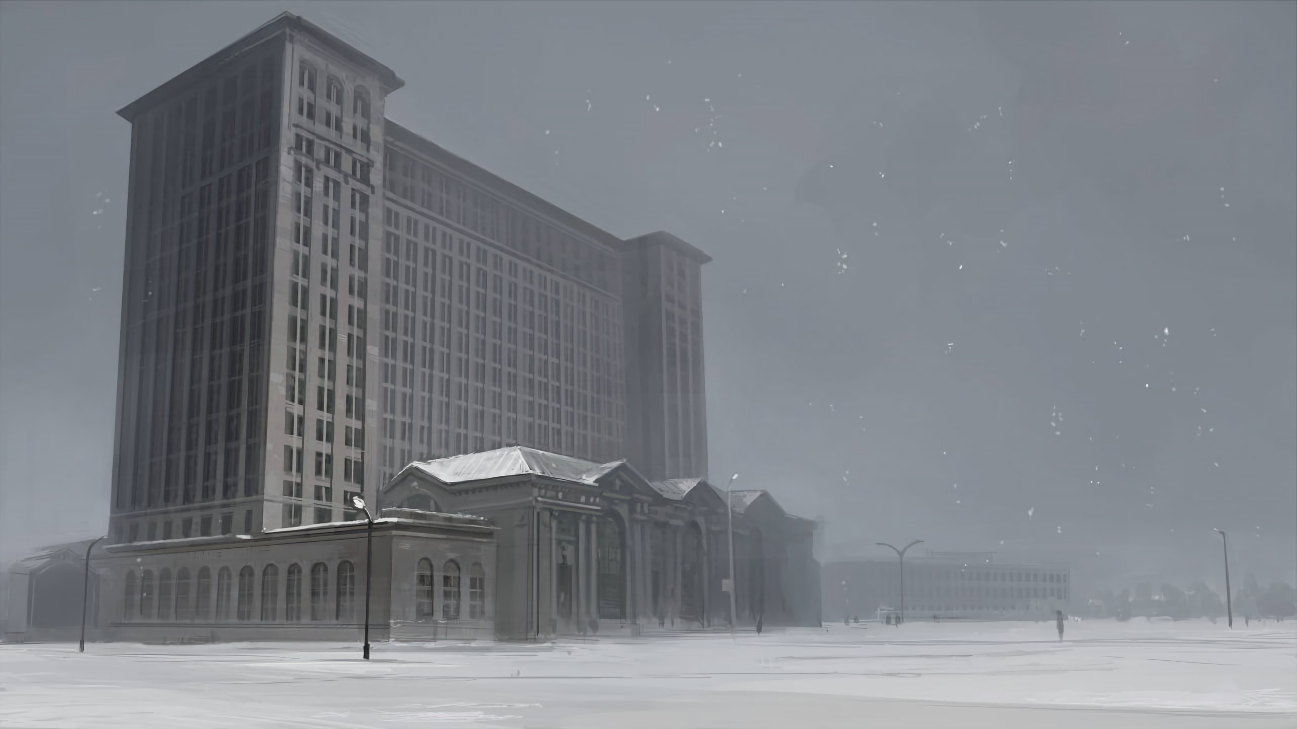 Building Snow Gray Background Cityscape 2560x1440