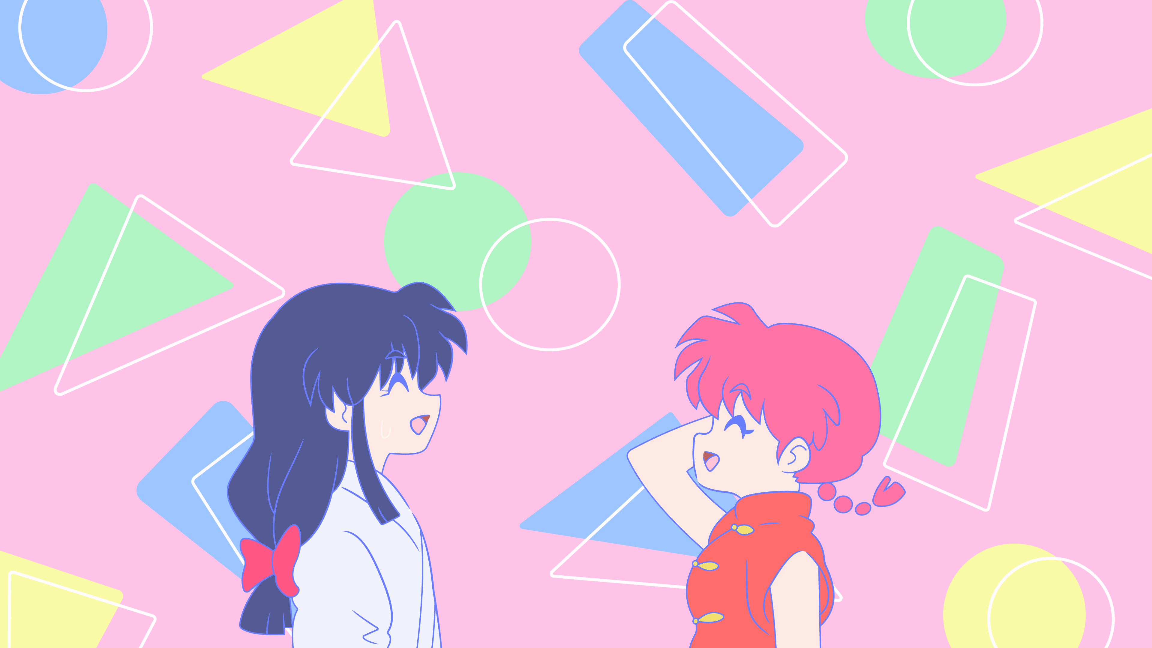 Ranma Tendou Akane Laughing Pink Background Geometric Figures Geometry Pink Hair Blue Hair Open Mout 3840x2160