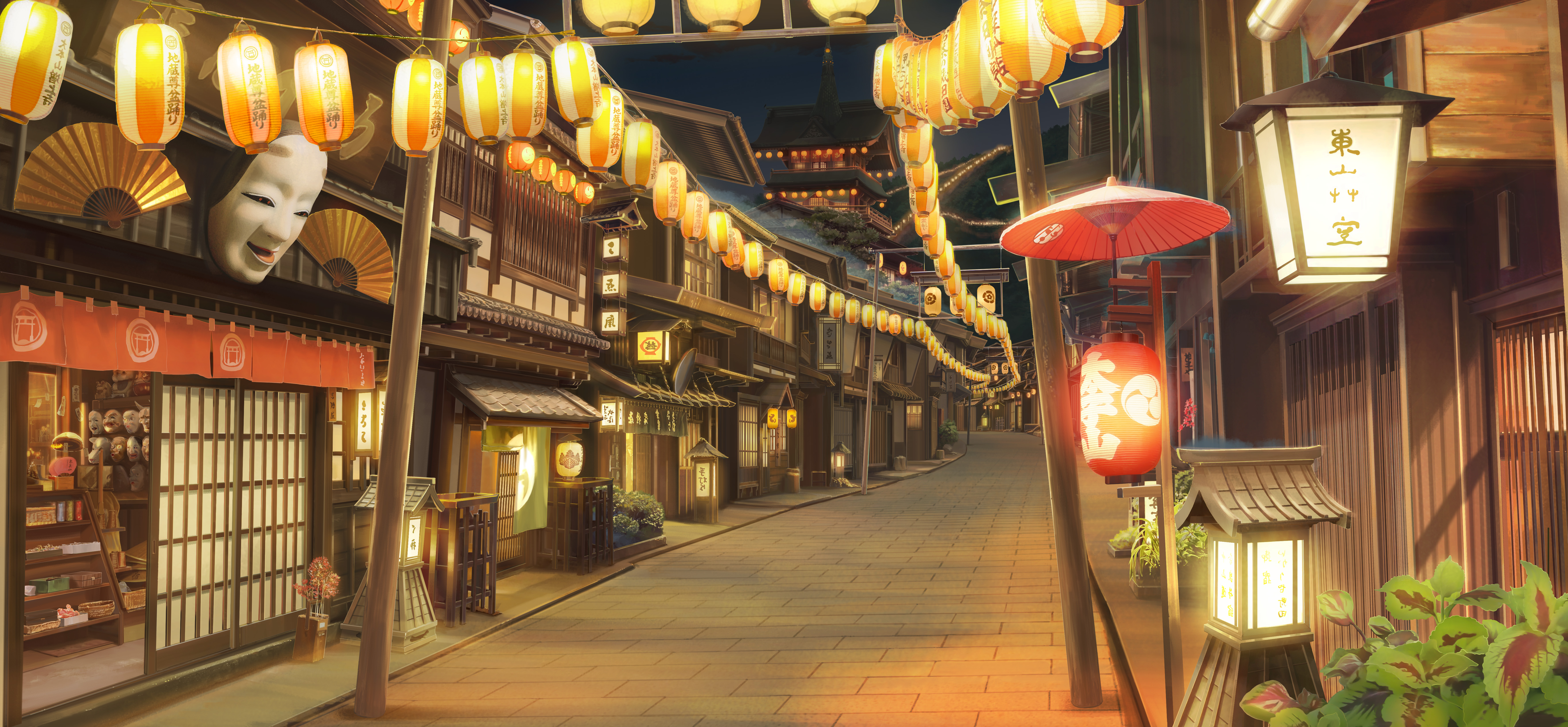 Digital Art Artwork Illustration Environment Japan Street Architecture Street Light Paper Lantern La 7083x3282
