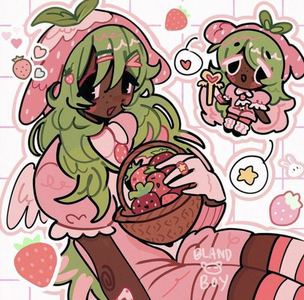 Strawberries Pink Green Red Drawing Cookie Run Bunny Girl Rabbits 1280x1262