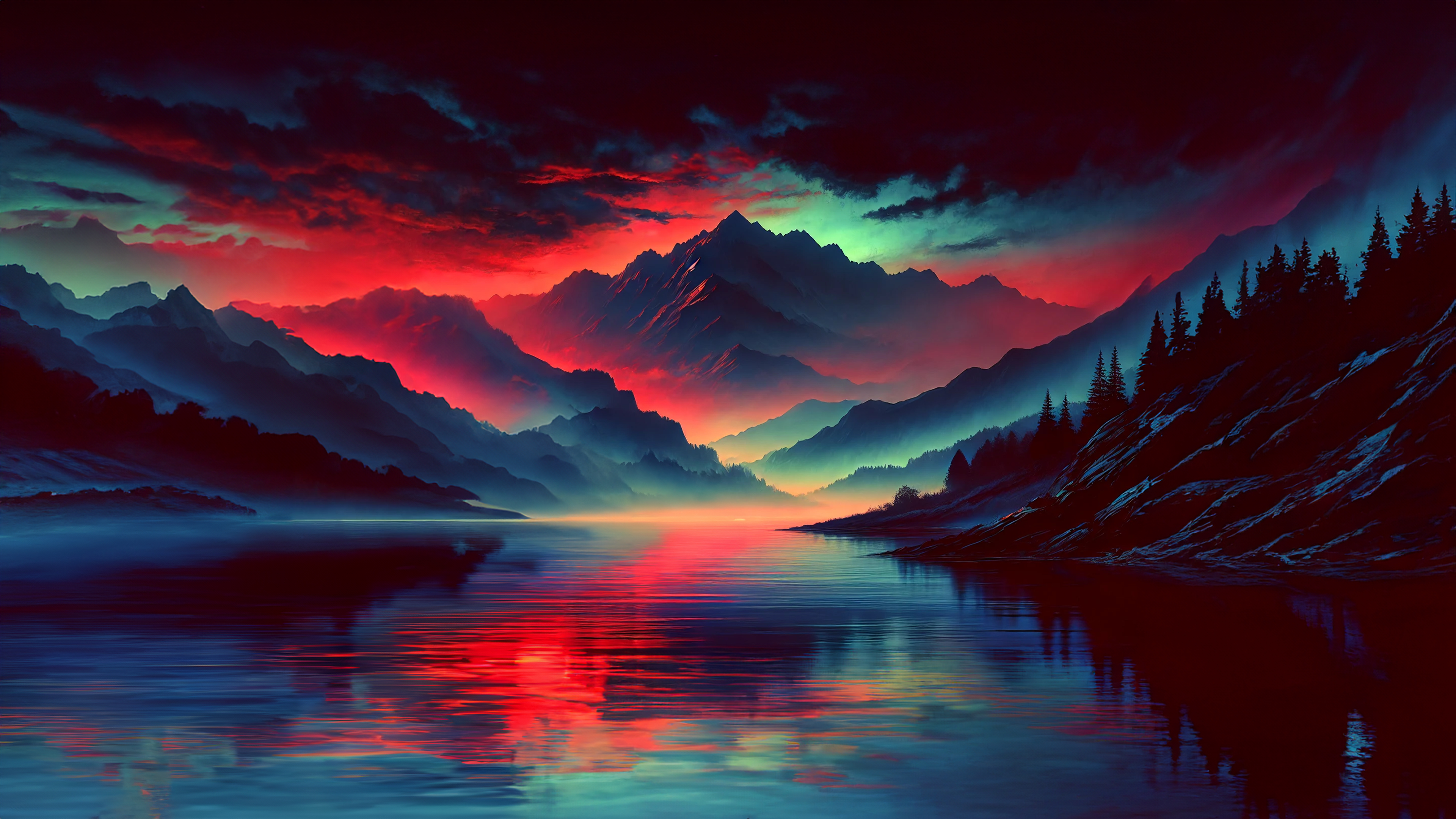 Sunset Nature Lake Mountains Red 3840x2160