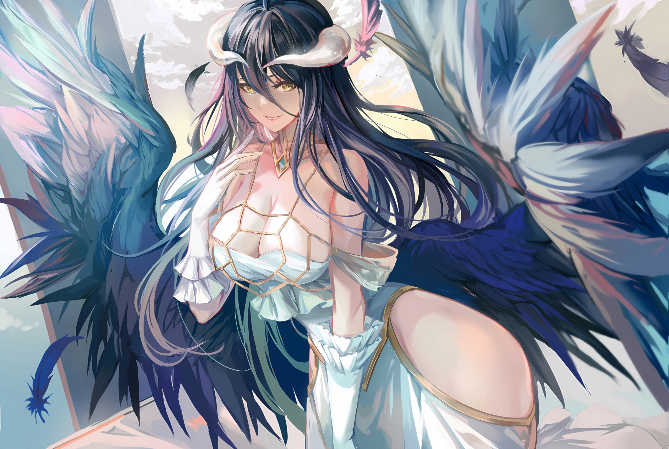 Anime Anime Girls Overlord Anime Albedo OverLord Wings Horns Looking At Viewer Smiling Long Hair Bla 2200x1478