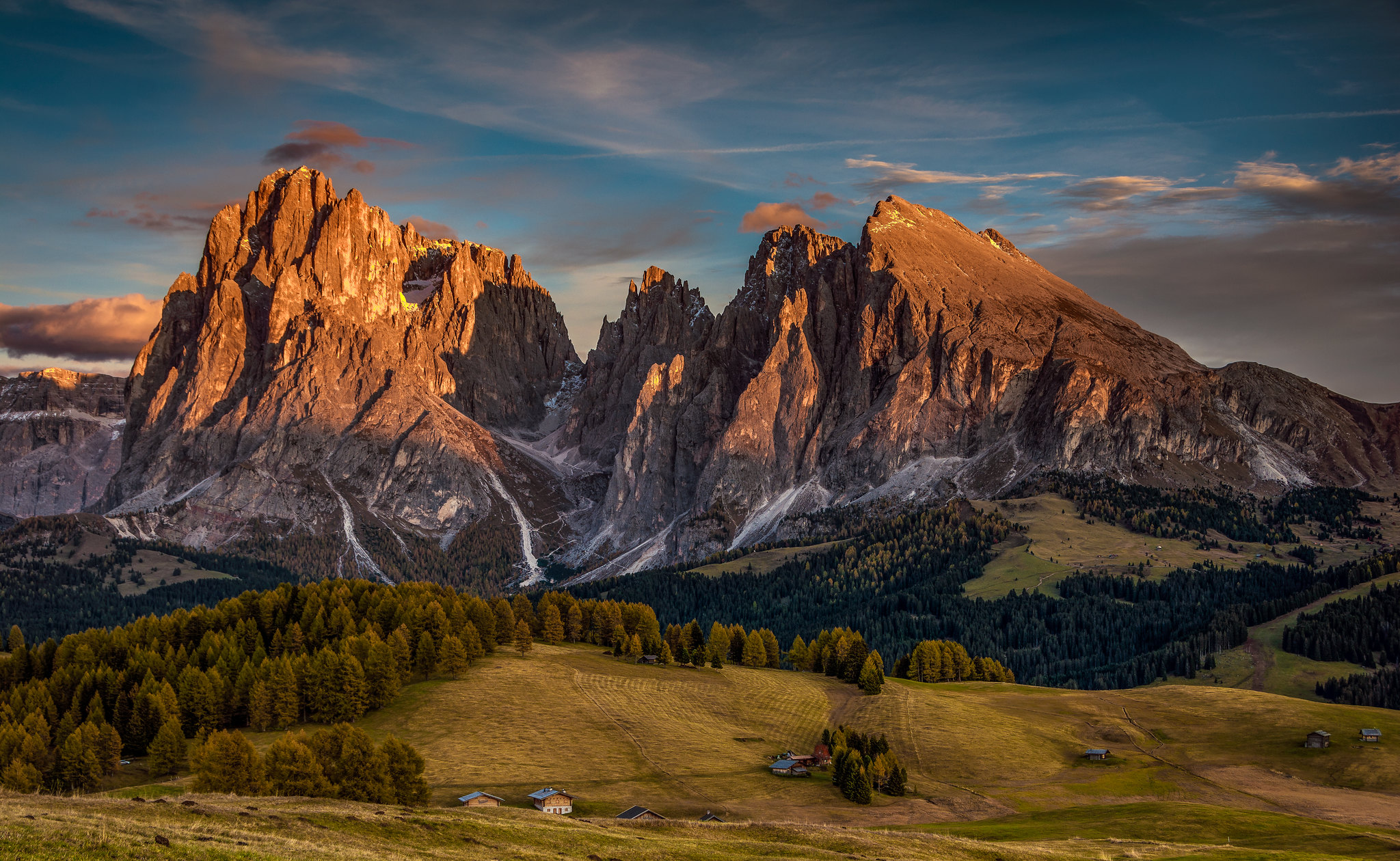 Nature Landscape House Village Mountains Clouds Sky Trees Sunlight Field Hills Sunset Dolomites Ital 2048x1260