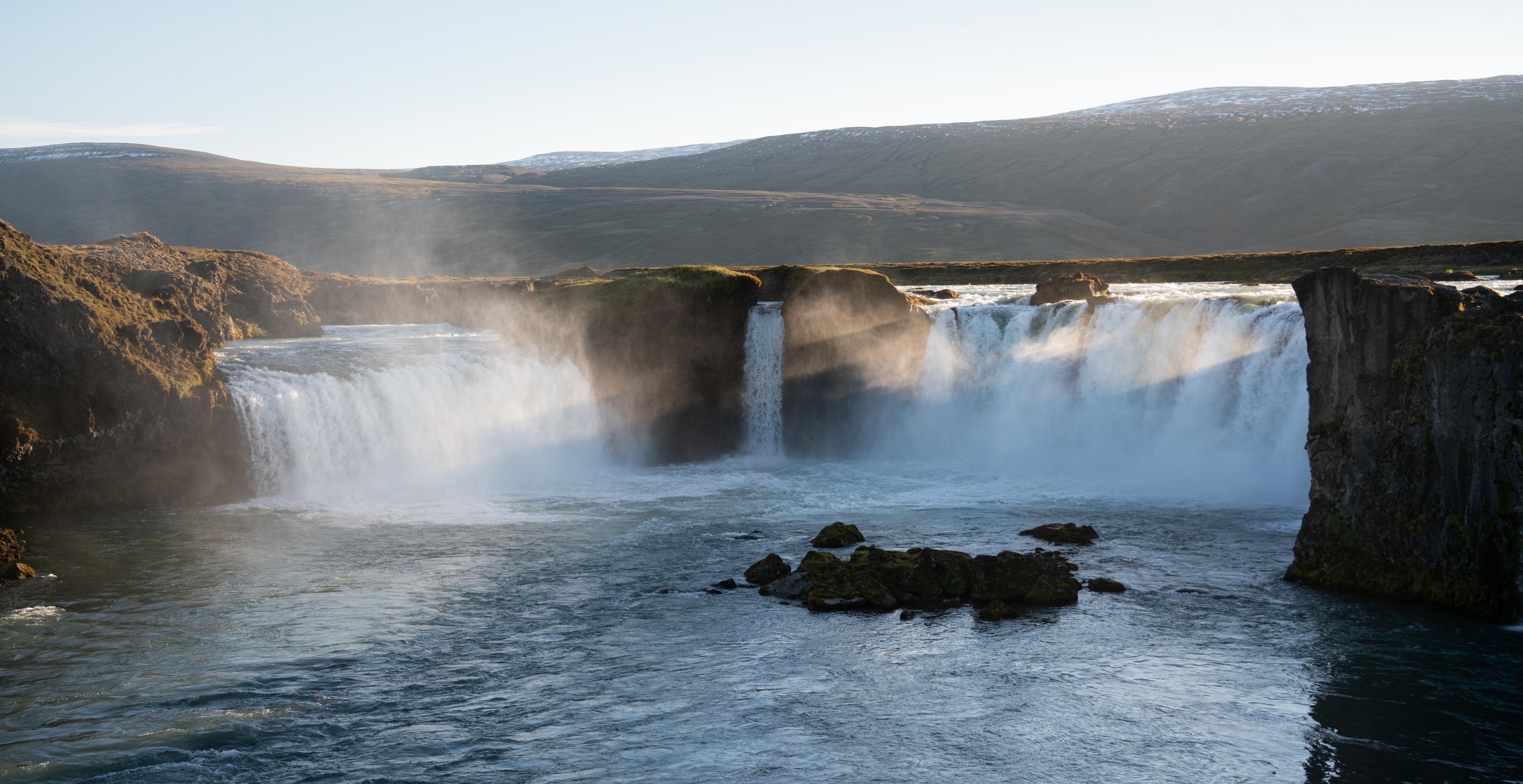 Landscape Nature Waterfall River Iceland Golden Hour Europe Mist Cliff Rocks Water 5000x2576