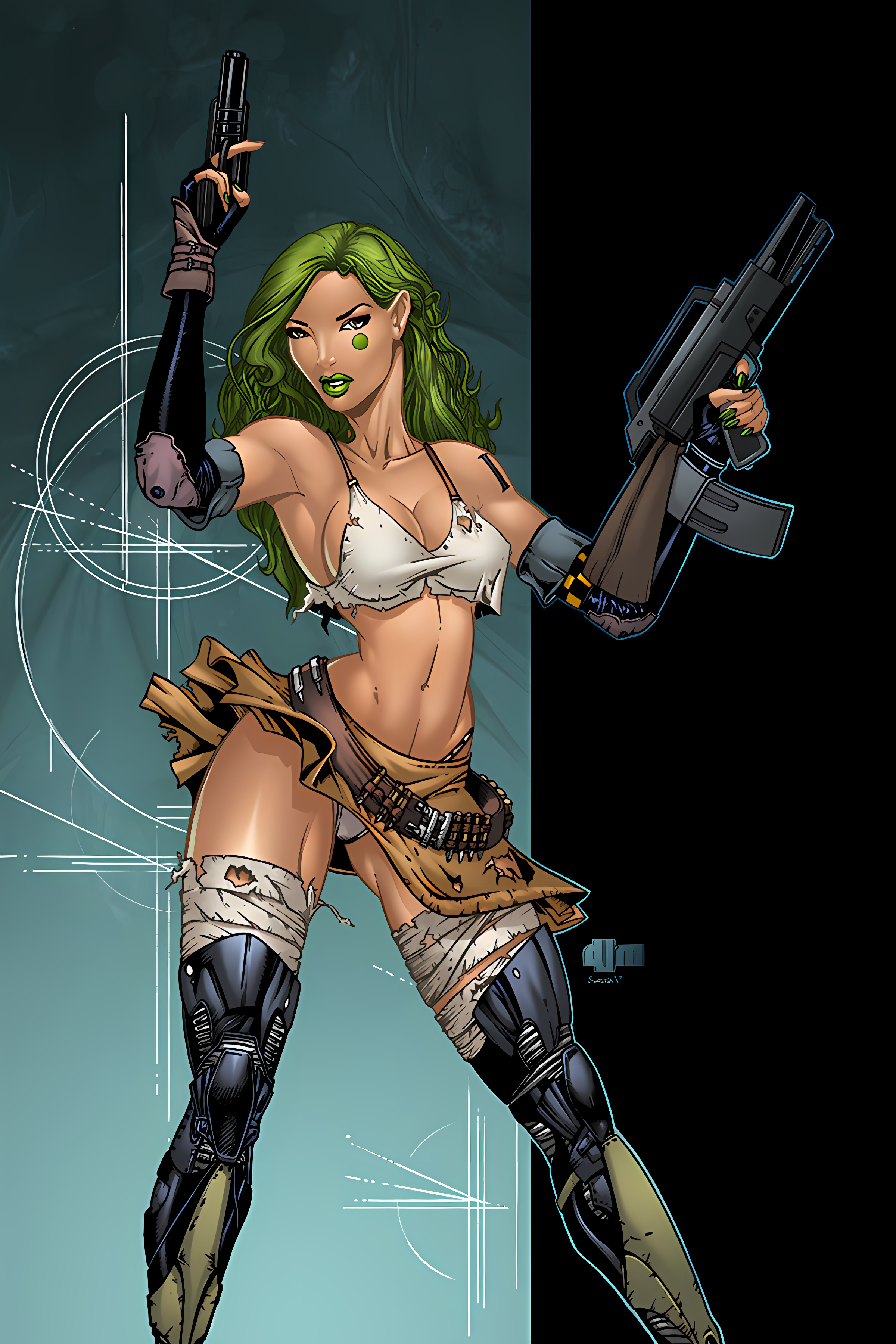 Aphrodite IX Comic Comic Art Comic Character Green Hair Skirt Tank Top Bandages 2400x3600