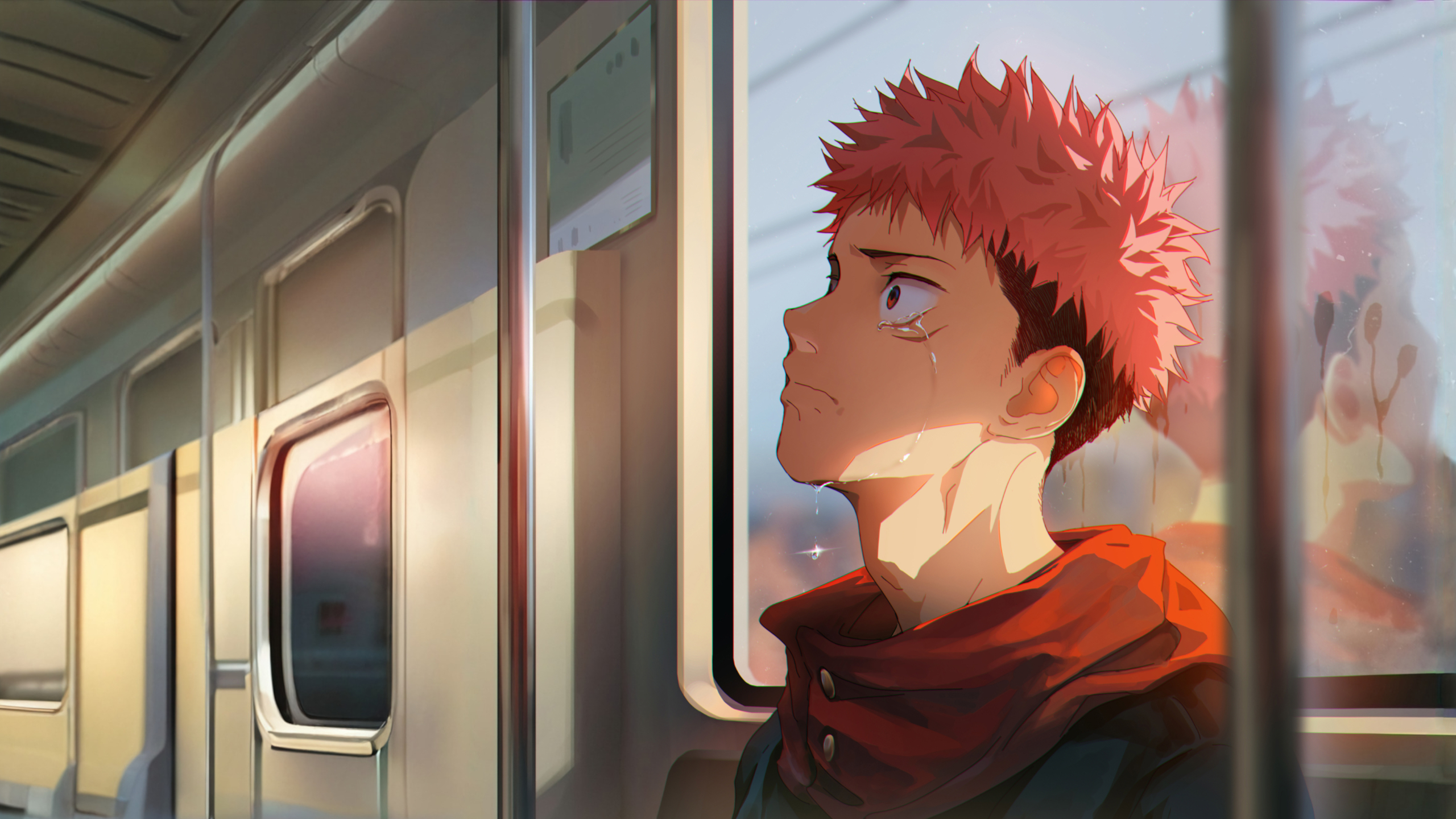 Beitemian Train Yuji Itadori Jujutsu Kaisen Crying Tears Sad Anime Boys 2560x1440