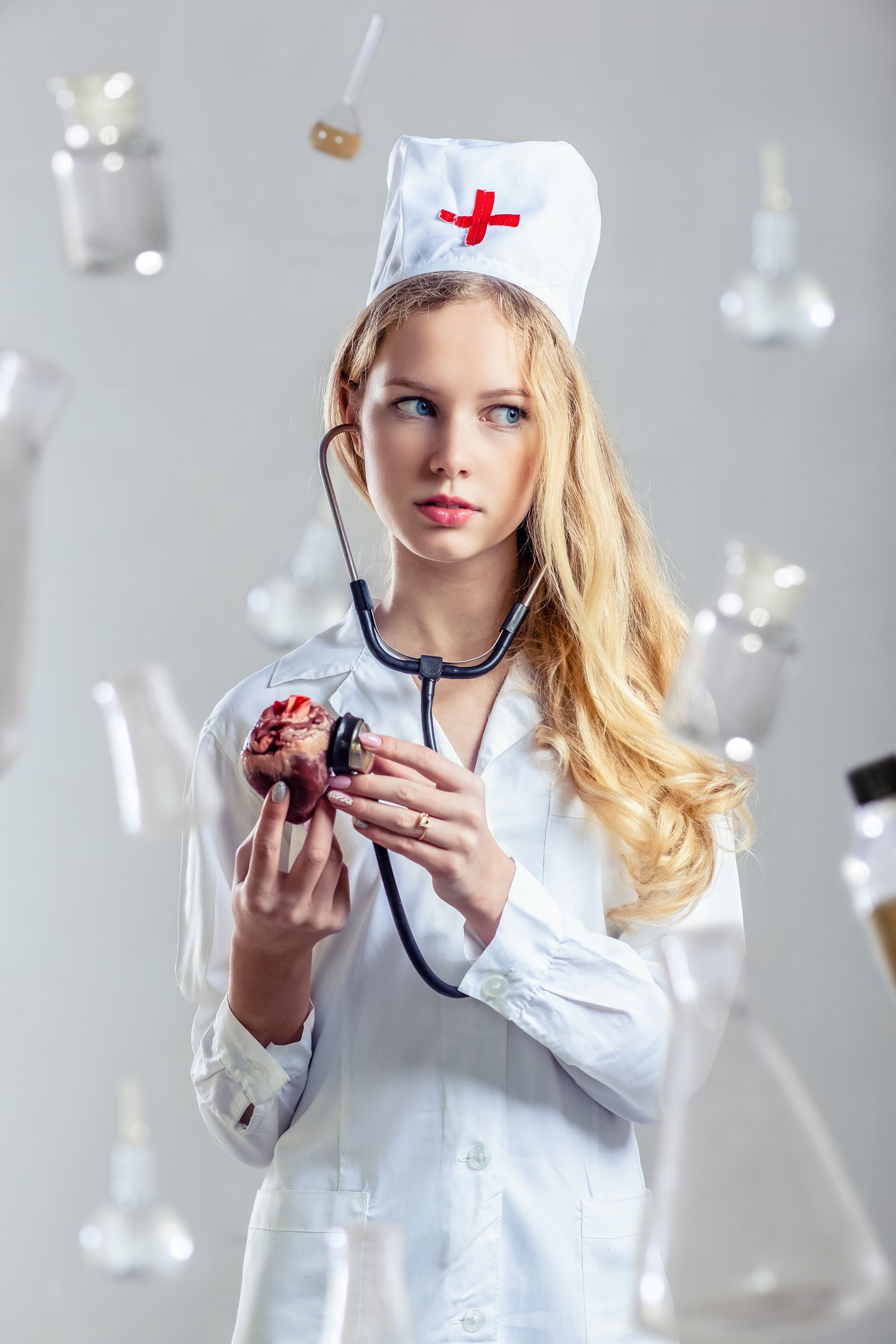 Viktor Ukhachev Women Blue Eyes Stethoscope Heart Doctors Lab Coats Nurse Outfit Blonde 1440x2160