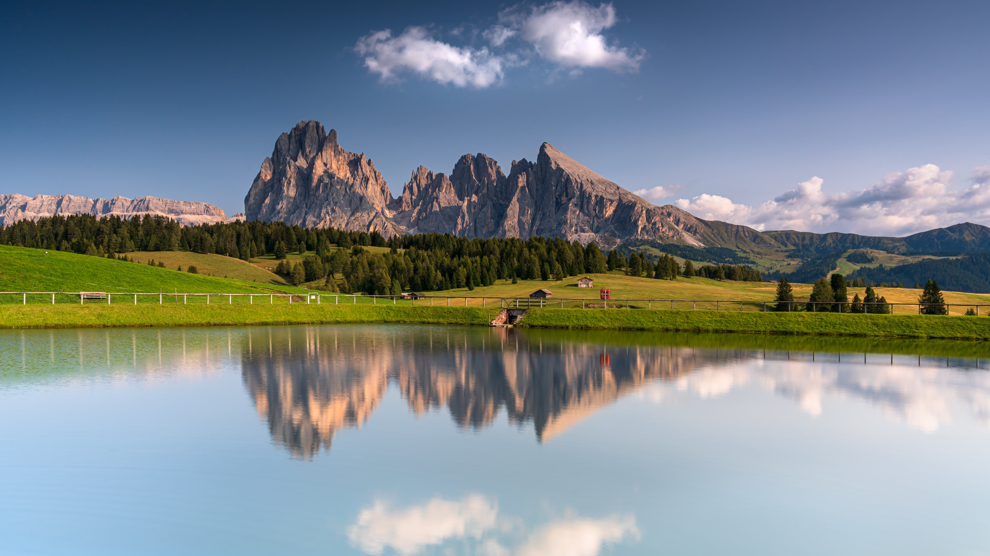 Nature Landscape Trees Clouds Sky Mountains Water Reflection Grass Field Cabin House Dolomites Italy 4000x2250