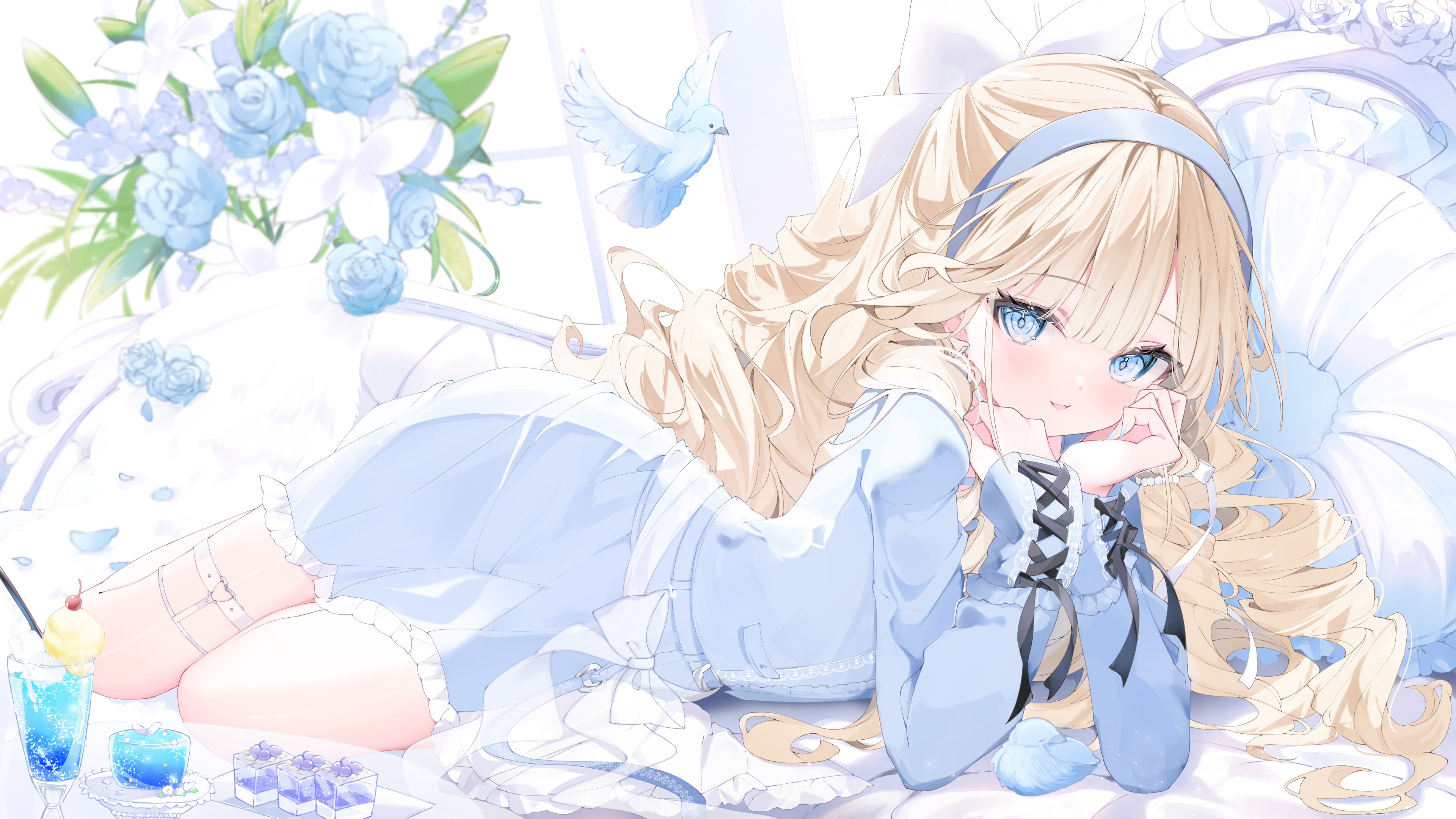 Anime Anime Girls Blushing Long Hair Food Flowers Dress Blue Eyes Animals Okomeillust 3840x2160
