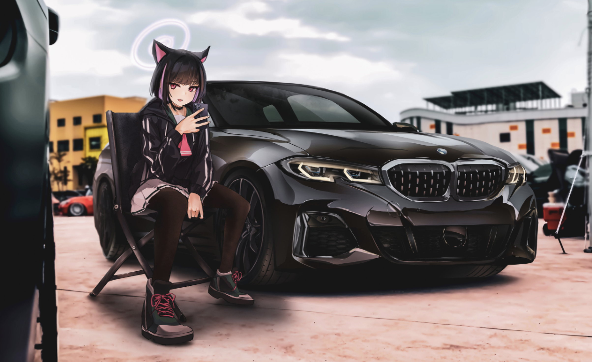 Illustration Artwork Blue Archive Kyouyama Kazusa Vehicle BMW BMW M340i Anime Girls Halo 2408x1474