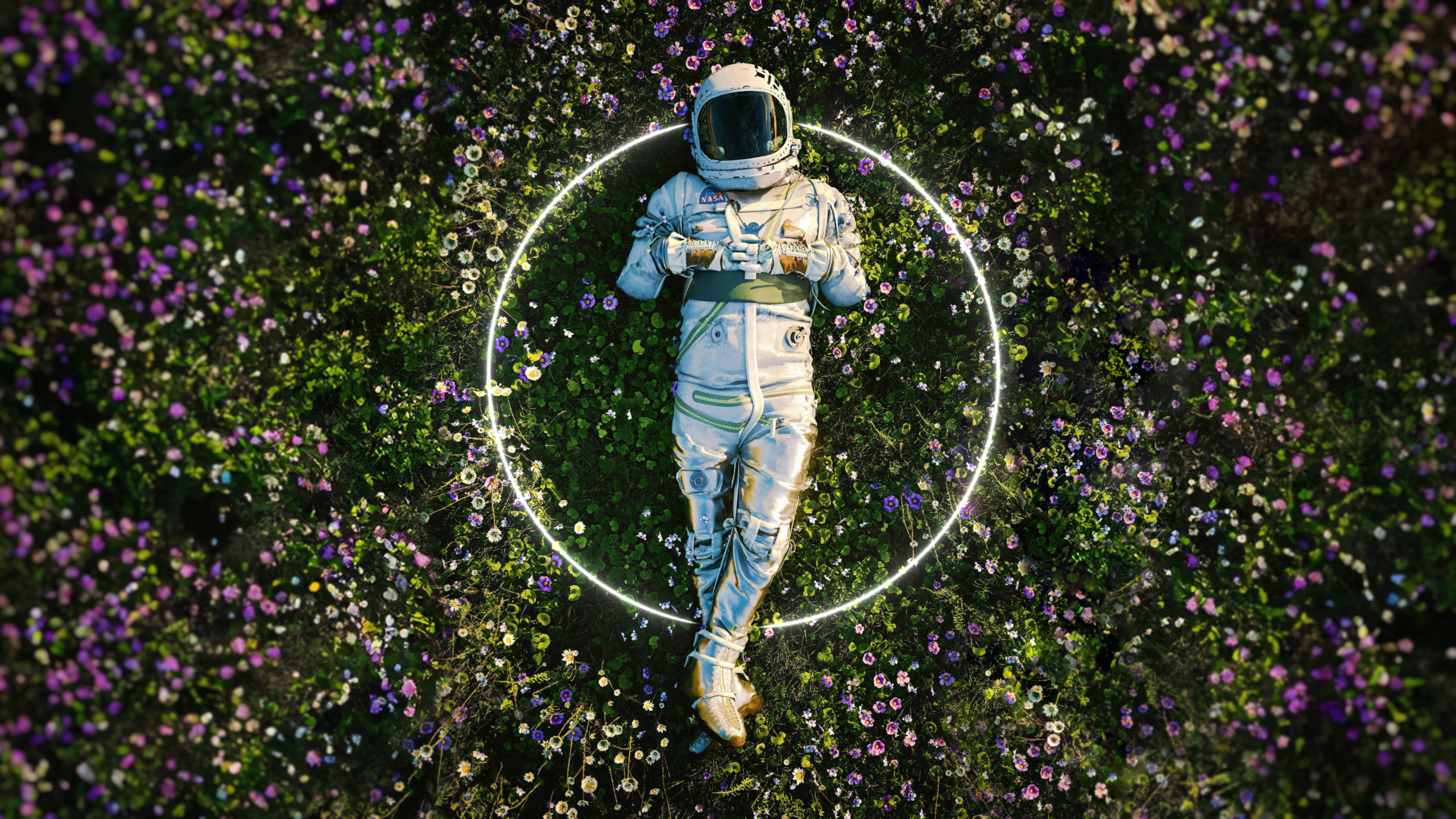 Astronaut Flowers Lying Down Neon Relaxing 2560x1440