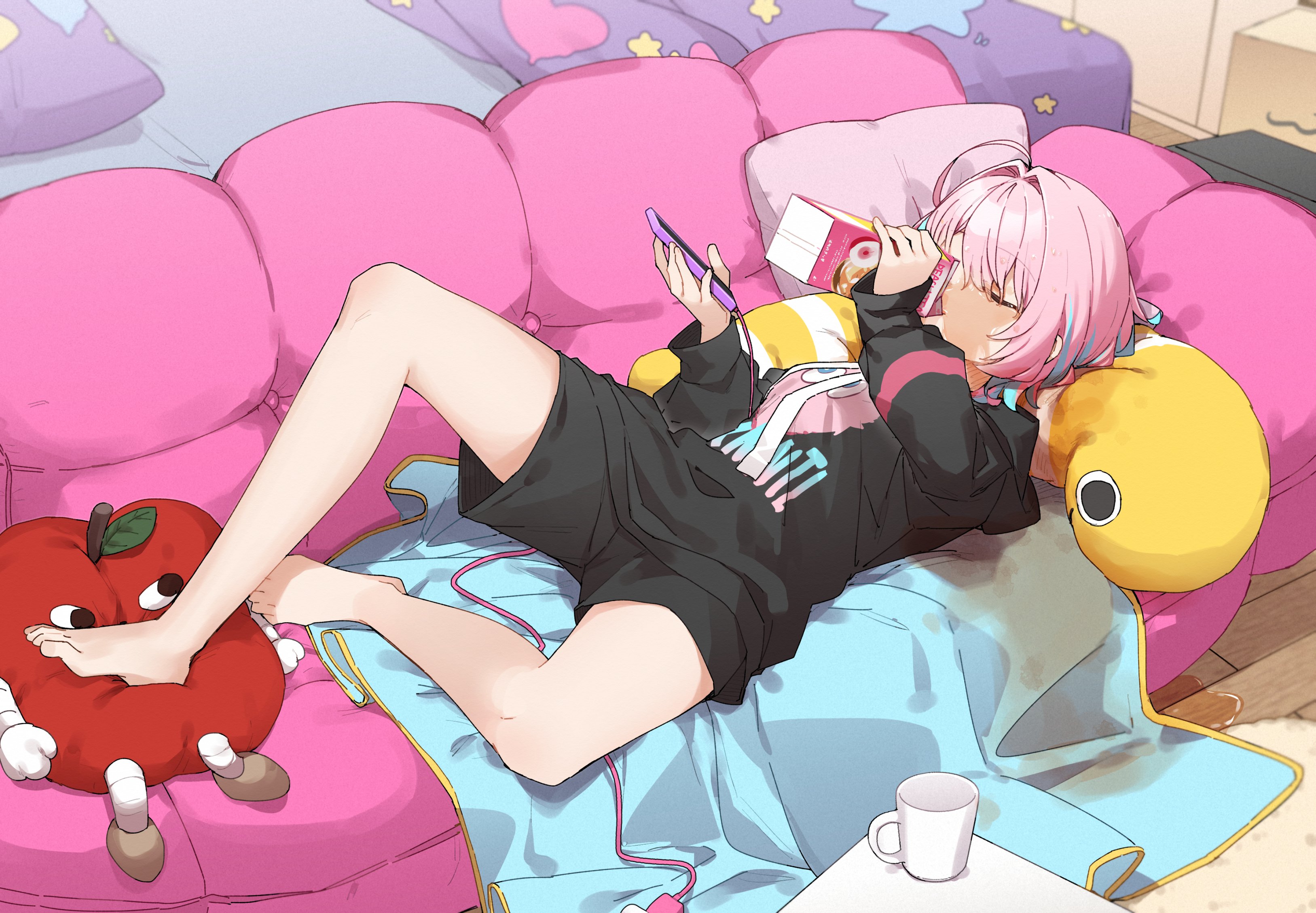 Lying On Couch Anime Girls Plush Toy Smartphone 3254x2257