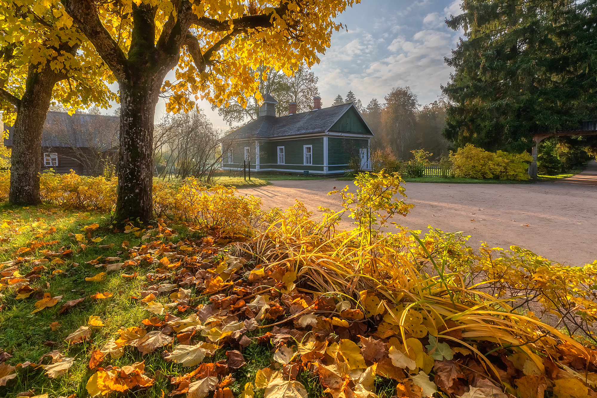 Alexander Pashenichev Leaves Road House Trees Urban Outdoors Warm Photography Clouds Grass 2000x1333