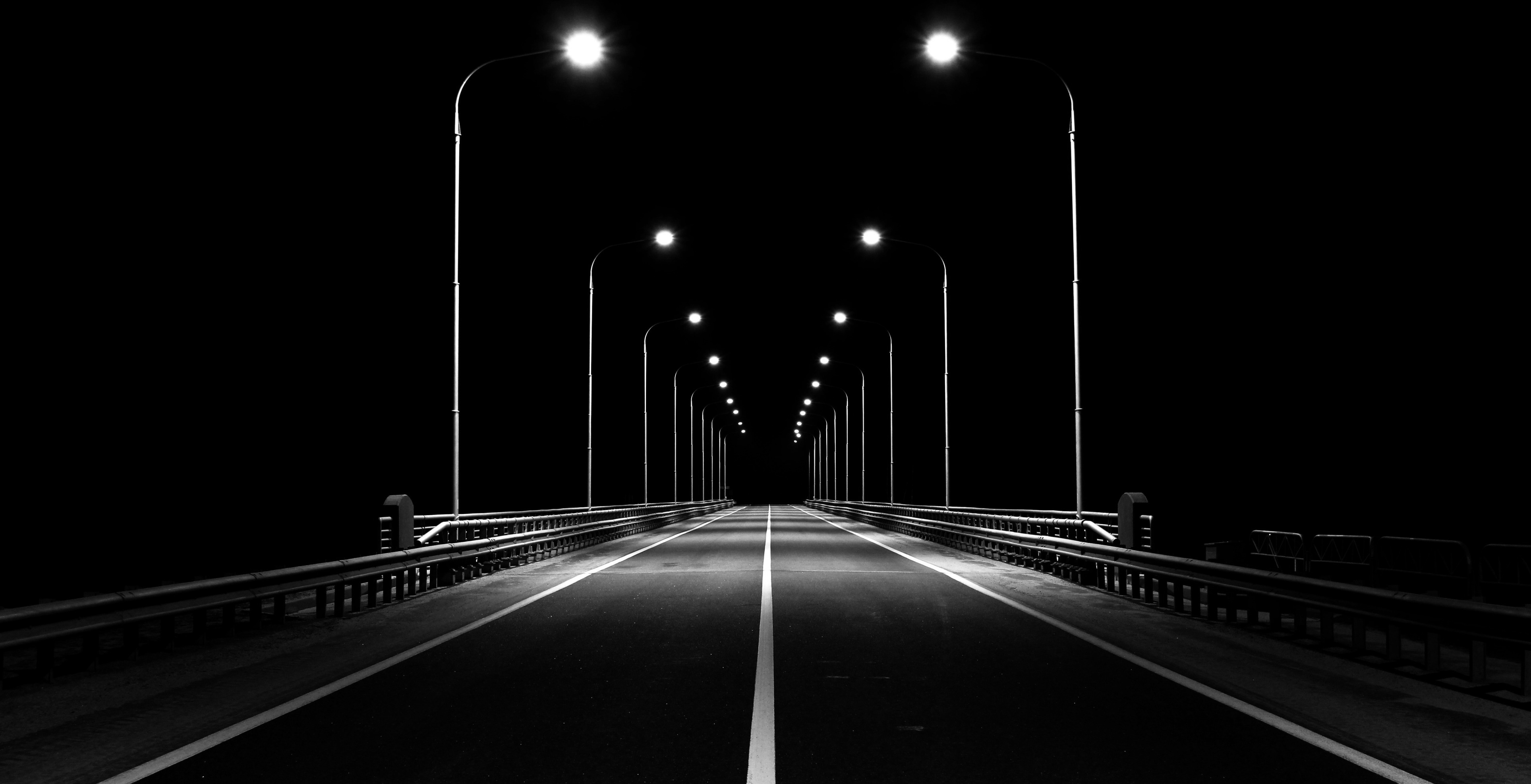 Night Monochrome White Light Street Light Dark Road Lines Lights Empty 3854x1975