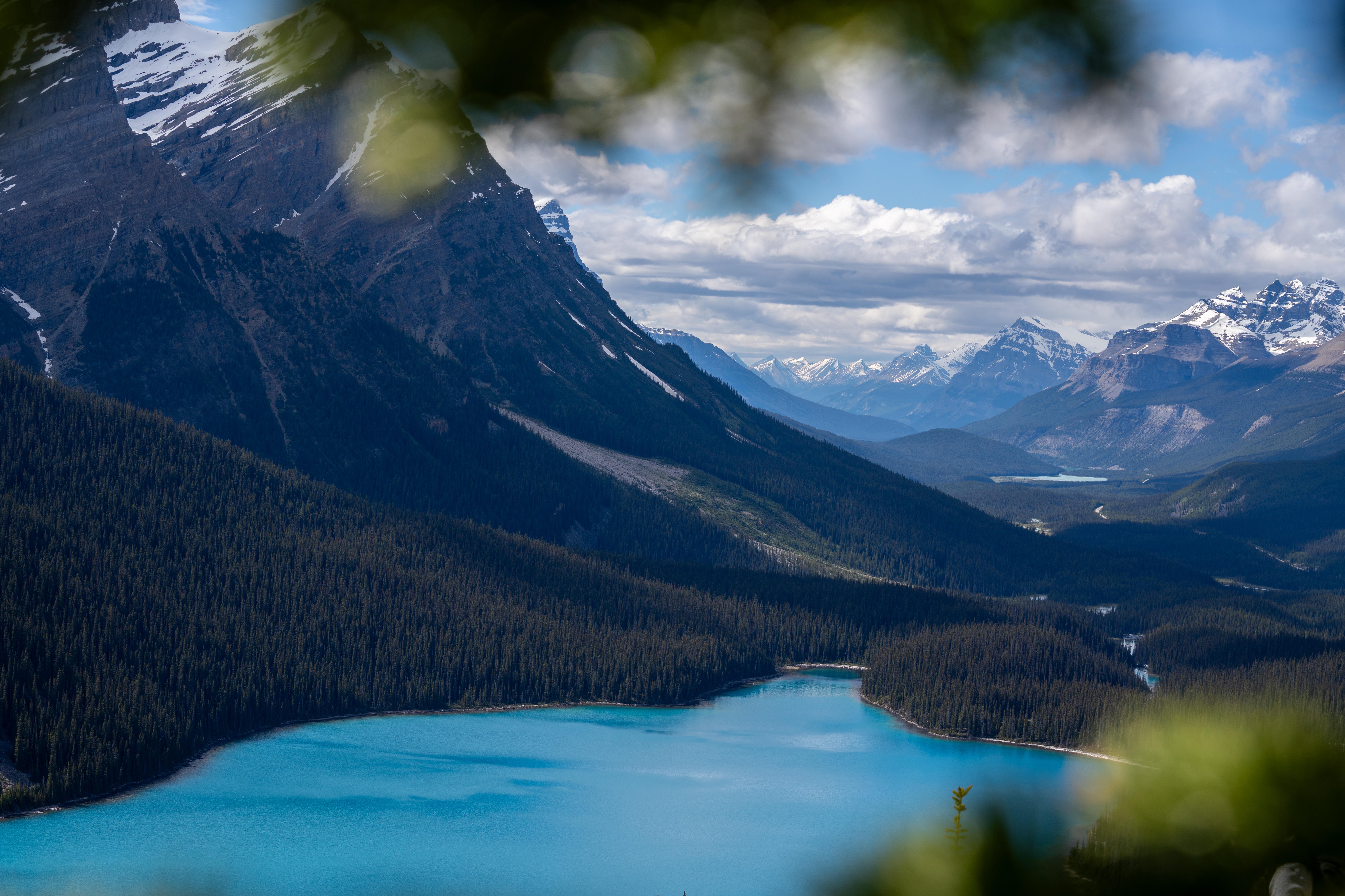 Nature Landscape Mountains Clouds Sky Trees Pine Trees Forest Lake Snowy Peak Water Peyto Lake Canad 7008x4672