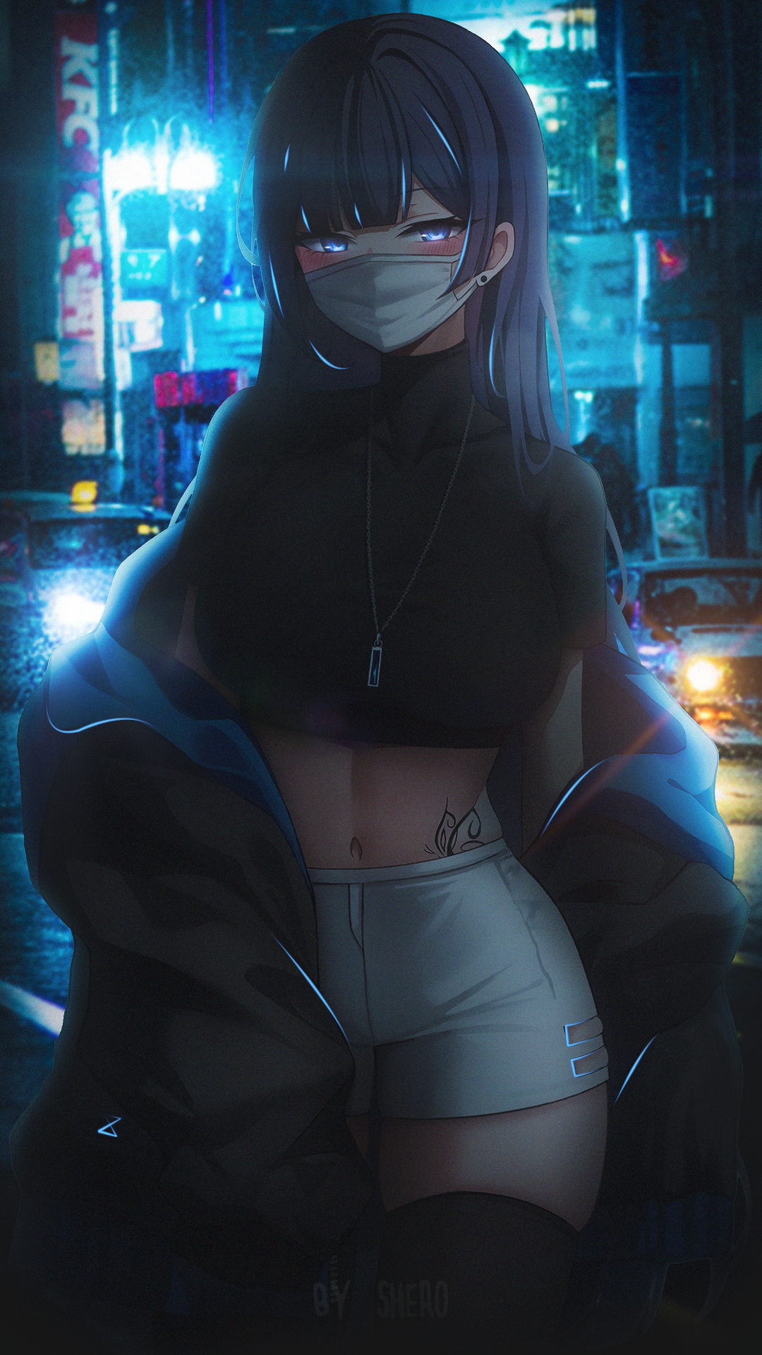 Anime Anime Girls Night Street Japan Blue Lights Mask 1080x1920