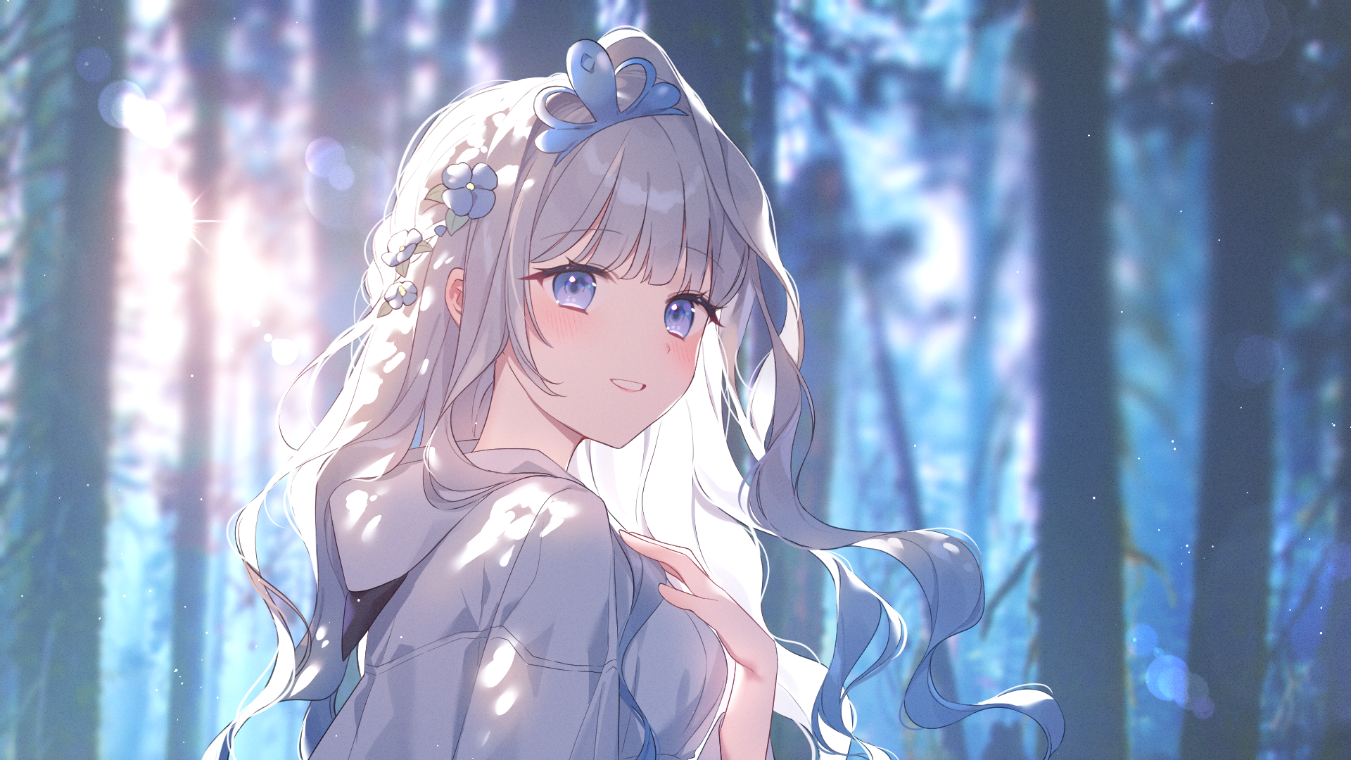 Anime Anime Girls Smiling Forest Blushing Blue Eyes White Hair 1920x1080