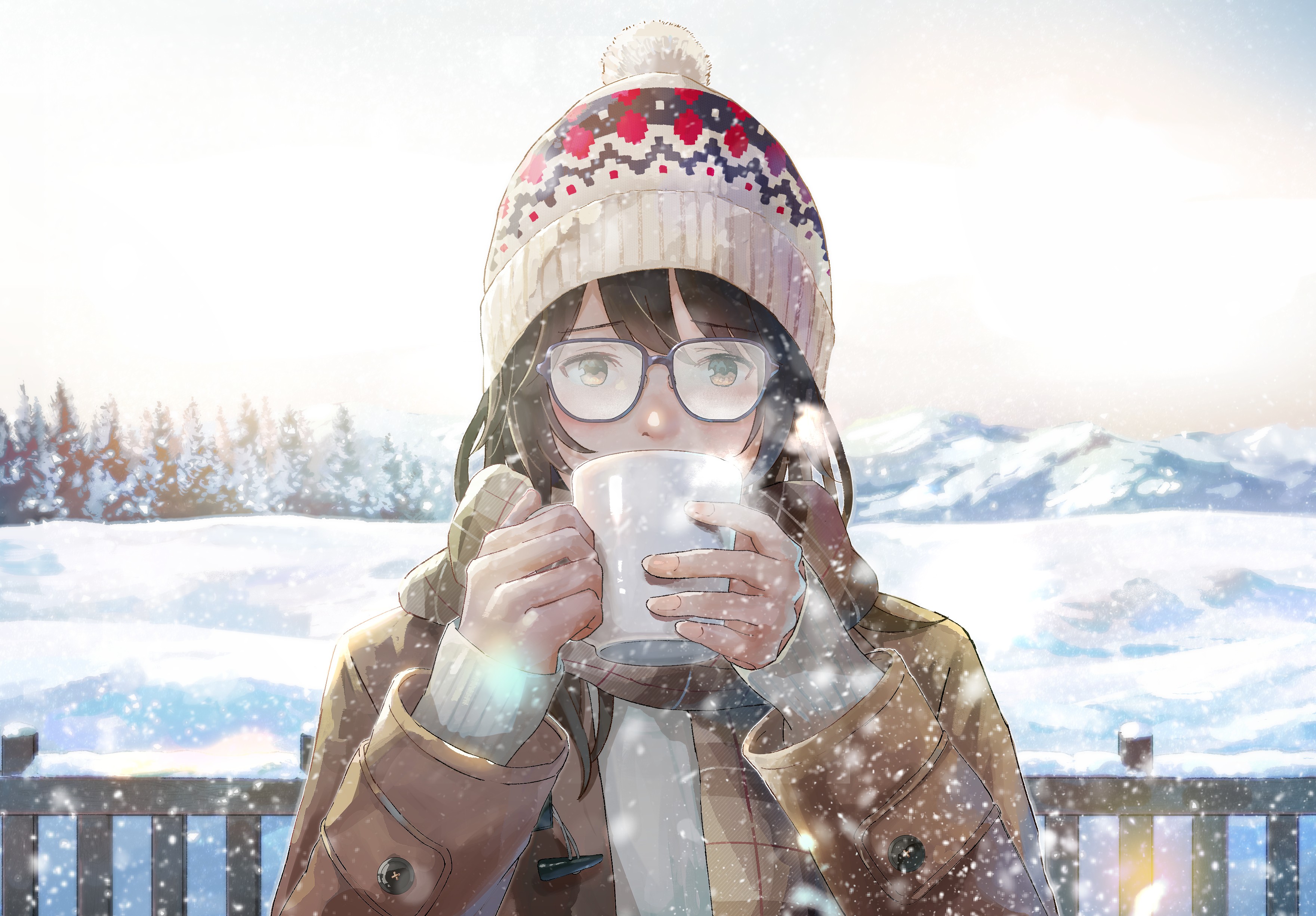Anime Anime Girls Winter Glasses Brunette Forest Mug Scarf Snow 3521x2451