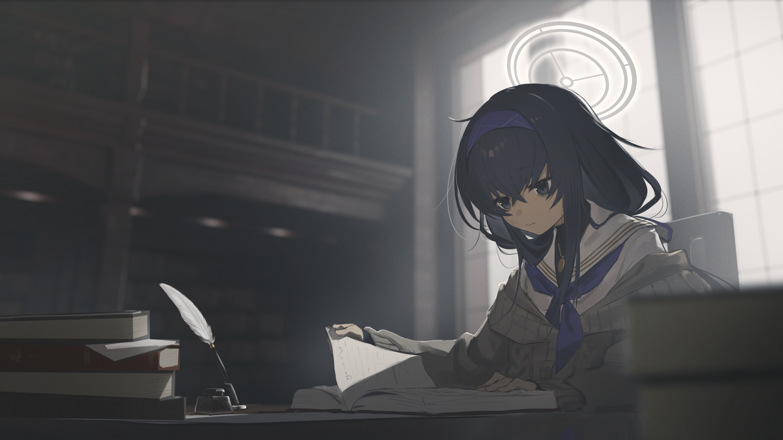 Anime Anime Girls Sitting Reading Uniform Books Soft Light 2560x1440
