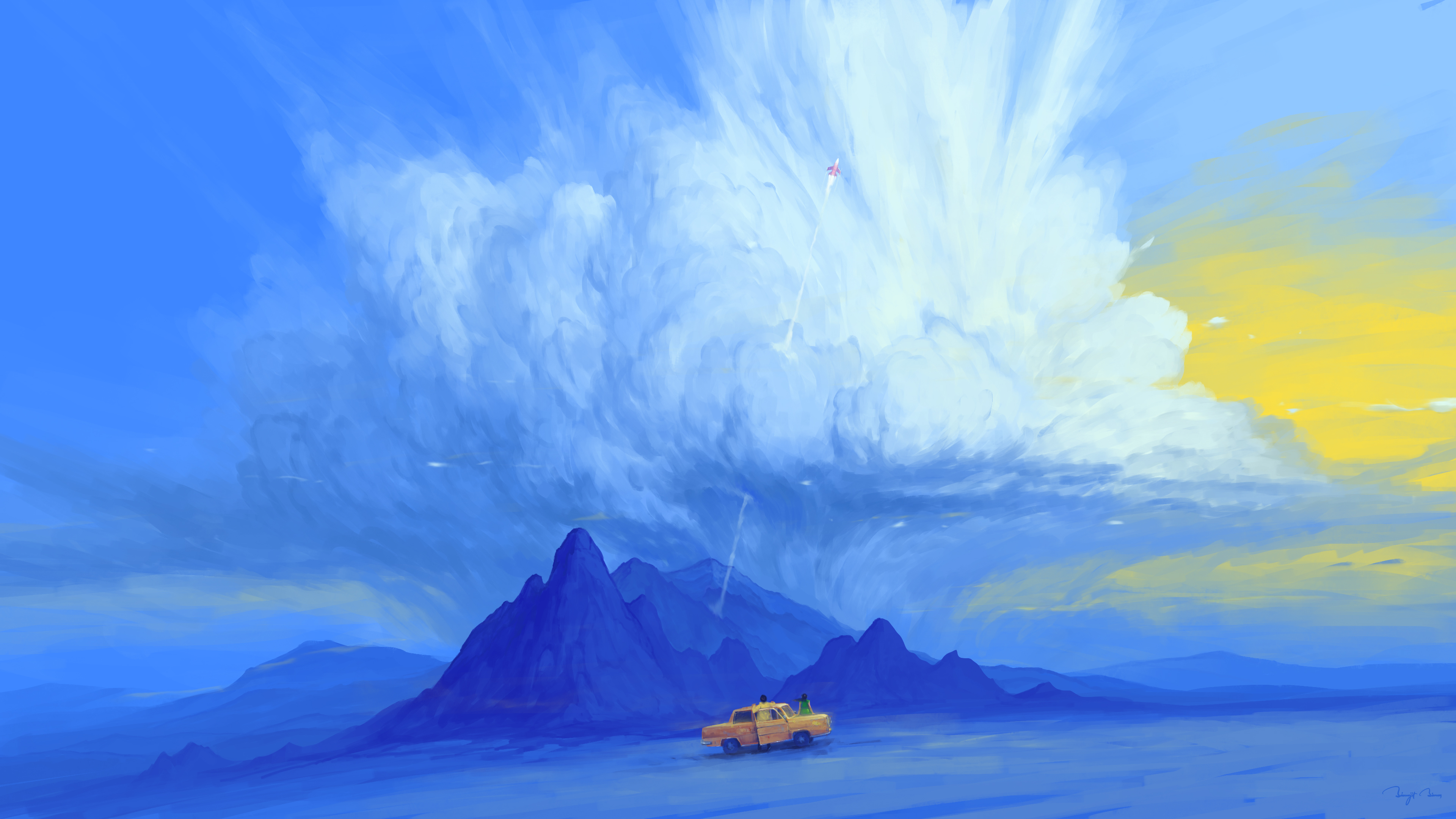 BisBiswas Digital Art Artwork Illustration Landscape Clouds 4K Car Vehicle Airplane Blue Rock Format 3840x2160