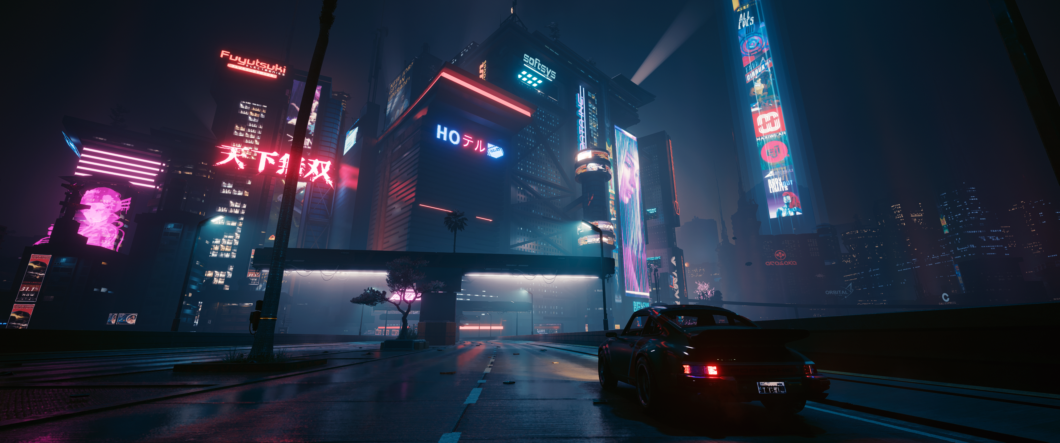 Night City Cyberpunk Cyberpunk 2077 Neon Video Game Art Video Games Porsche Wet Road Fog Hologram Cy 3440x1440