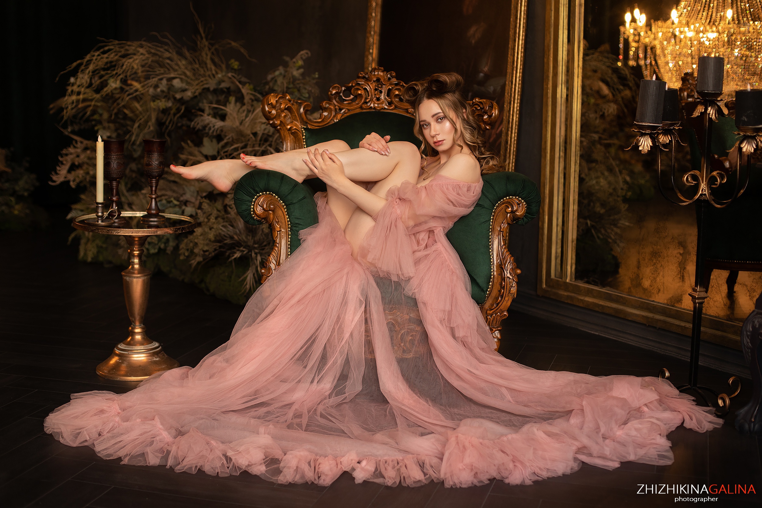 Galina Zhizhikina Women Pink Dress Barefoot Glamour Legs Holding Legs 2500x1667