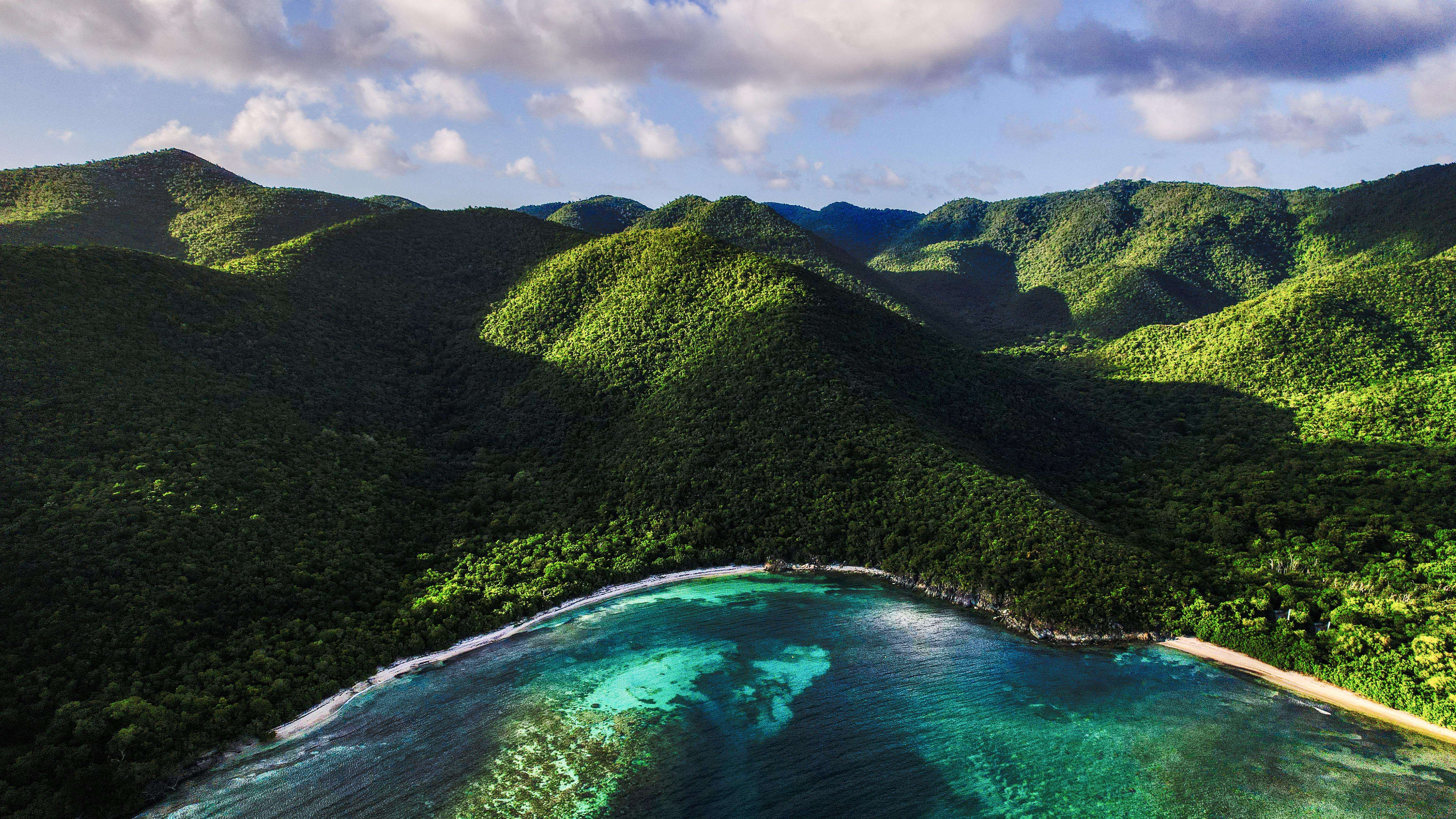 Clouds Landscape Nature Coral Bay Coast Aerial View Forest Sea Virgin Islands USA Caribbean Tropic I 5441x3061