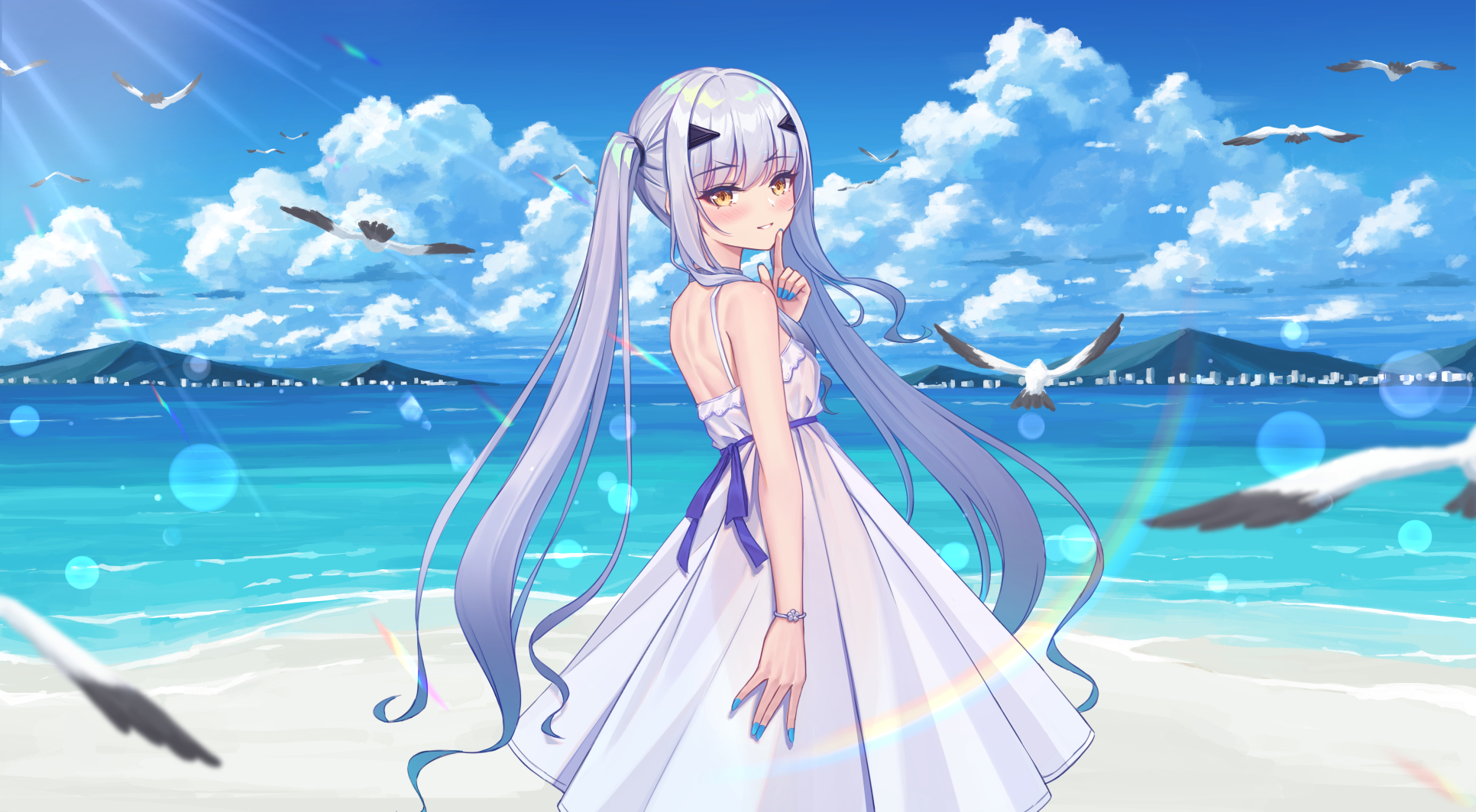 Fate Grand Order Long Hair Melusine Fate Grand Order Beach Clouds Sky Looking Back White Dress Looki 1932x1063